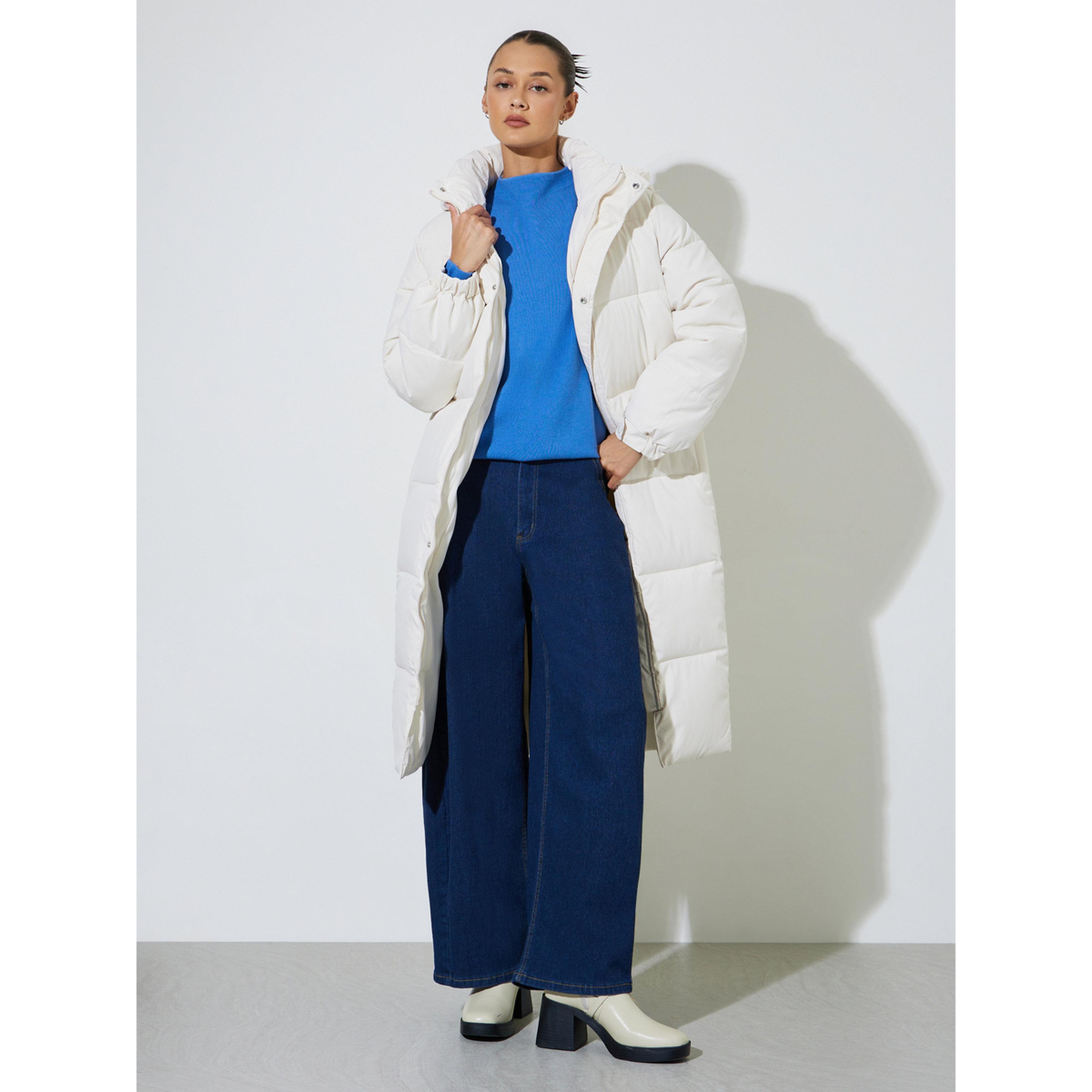 Styli White Solid Regular Fit Padded Midi Coat-women-winterwear-coatsandjackets-jackets-image-2