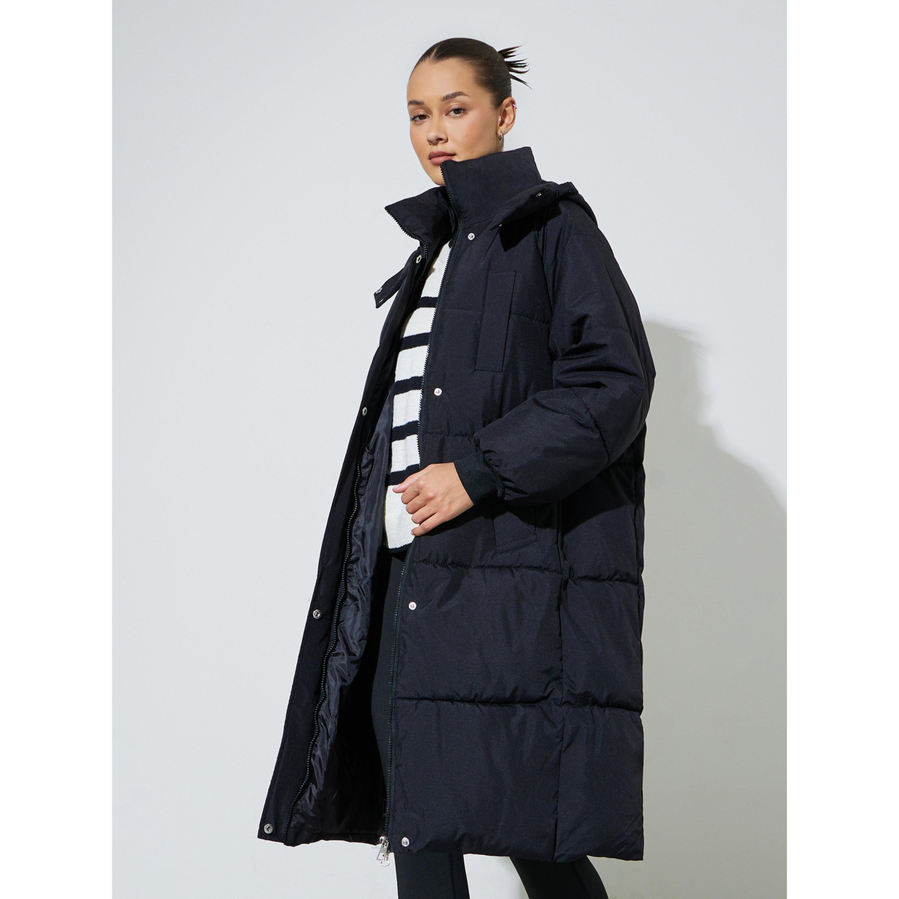 Styli Black Knee-Length Padded Coat with Zip Closure-women-winterwear-coatsandjackets-jackets-image-3