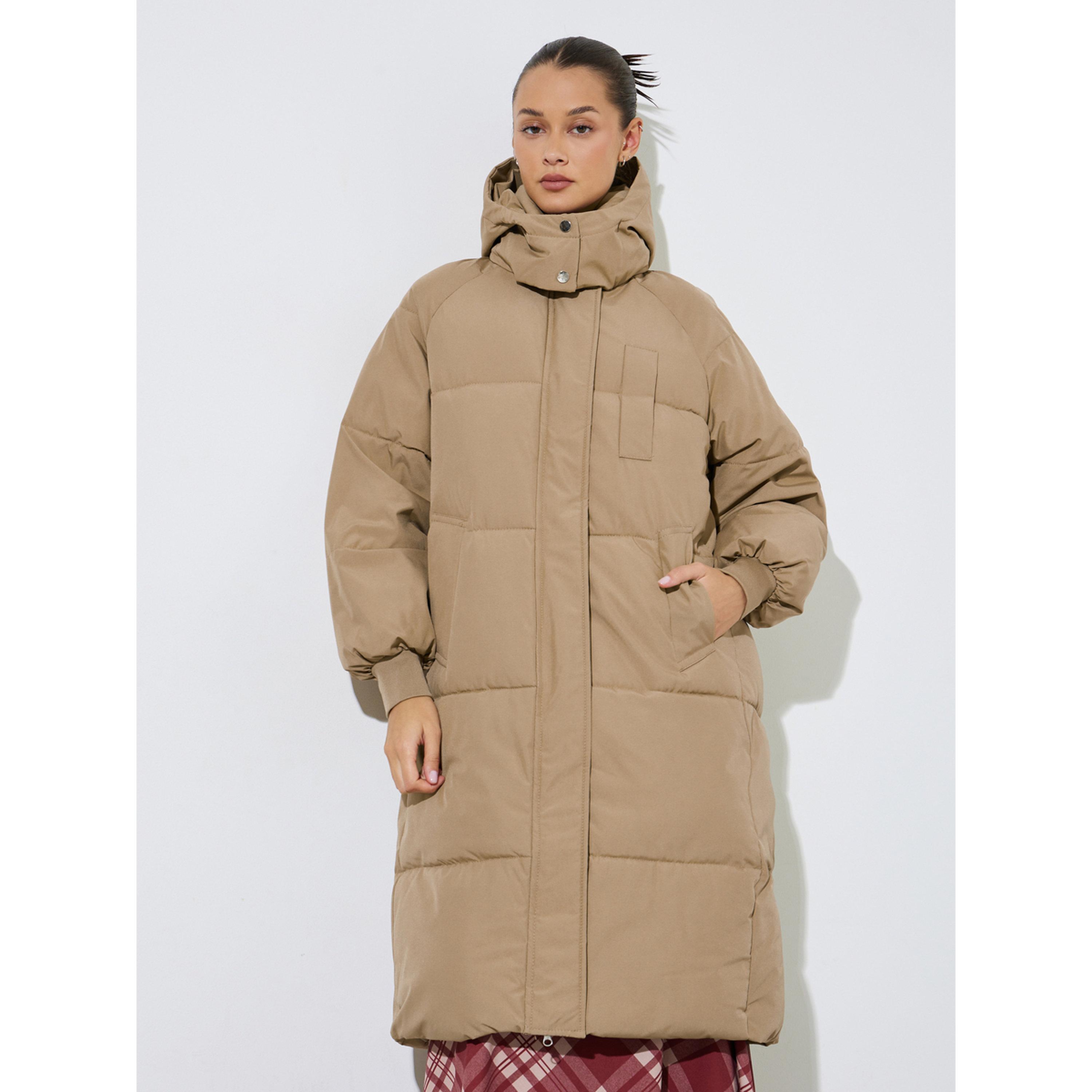 Styli Beige Knee-Length Padded Coat with Zip Closure-women-winterwear-coatsandjackets-jackets-image-1