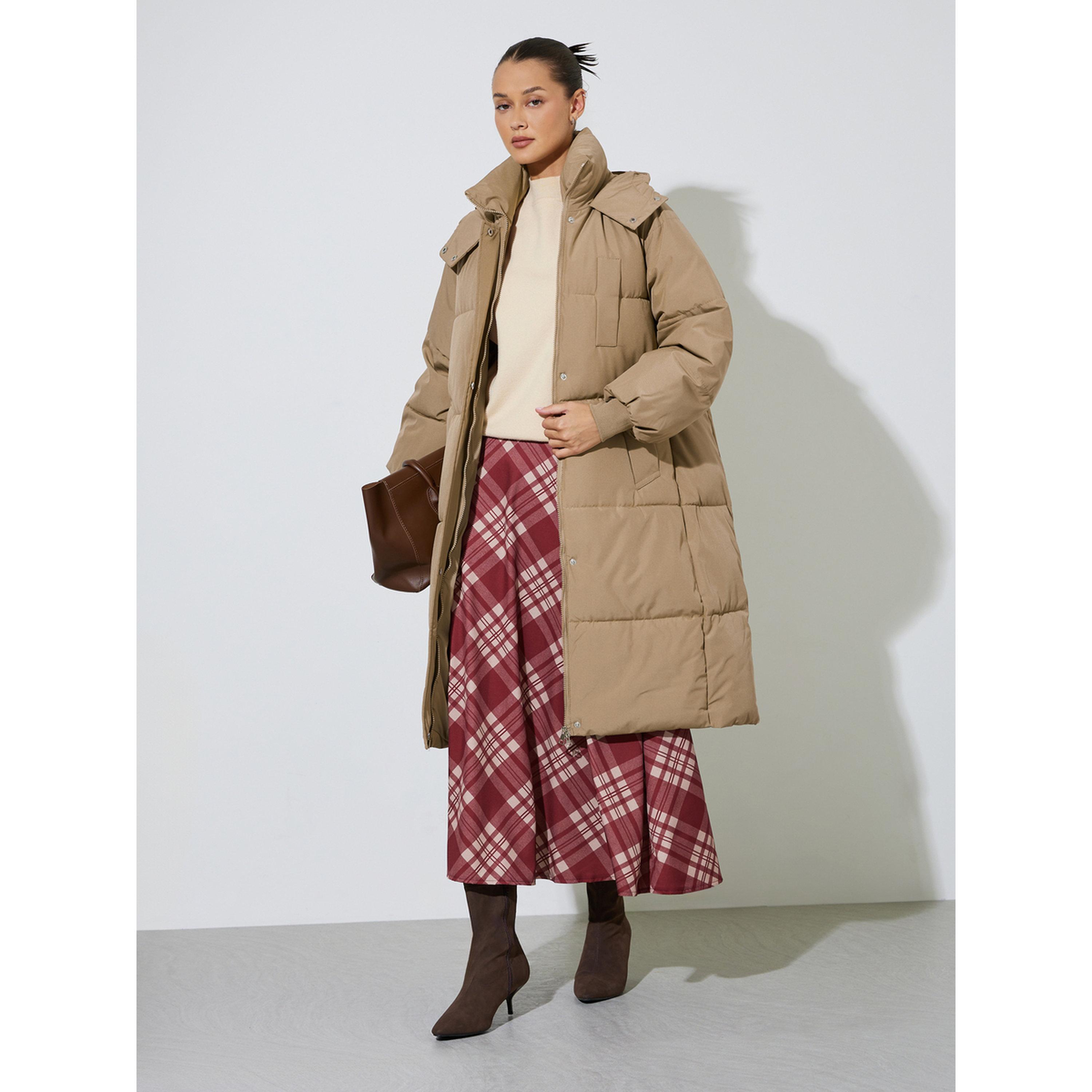 Styli Beige Knee-Length Padded Coat with Zip Closure-women-winterwear-coatsandjackets-jackets-image-2