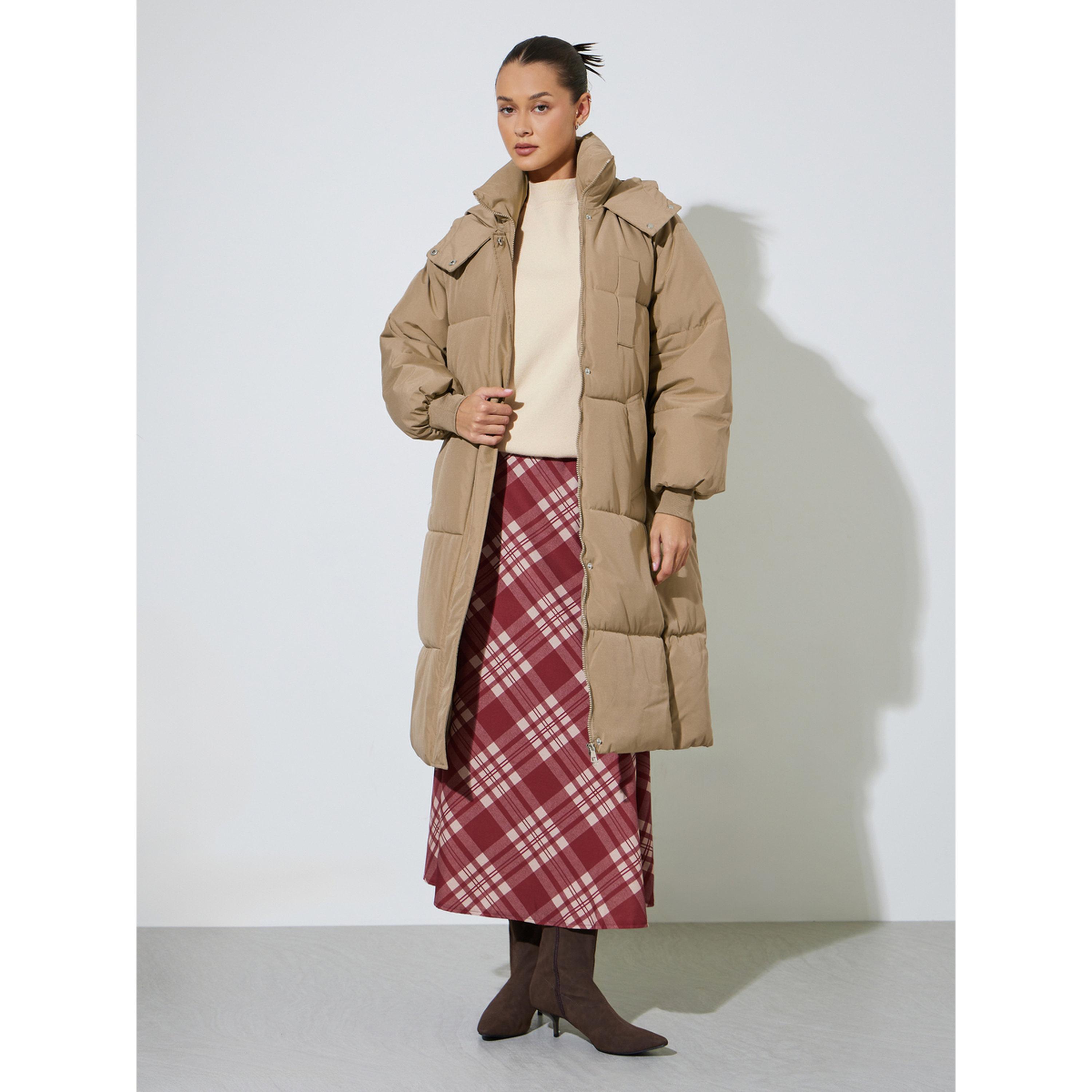 Styli Beige Knee-Length Padded Coat with Zip Closure-women-winterwear-coatsandjackets-jackets-image-3