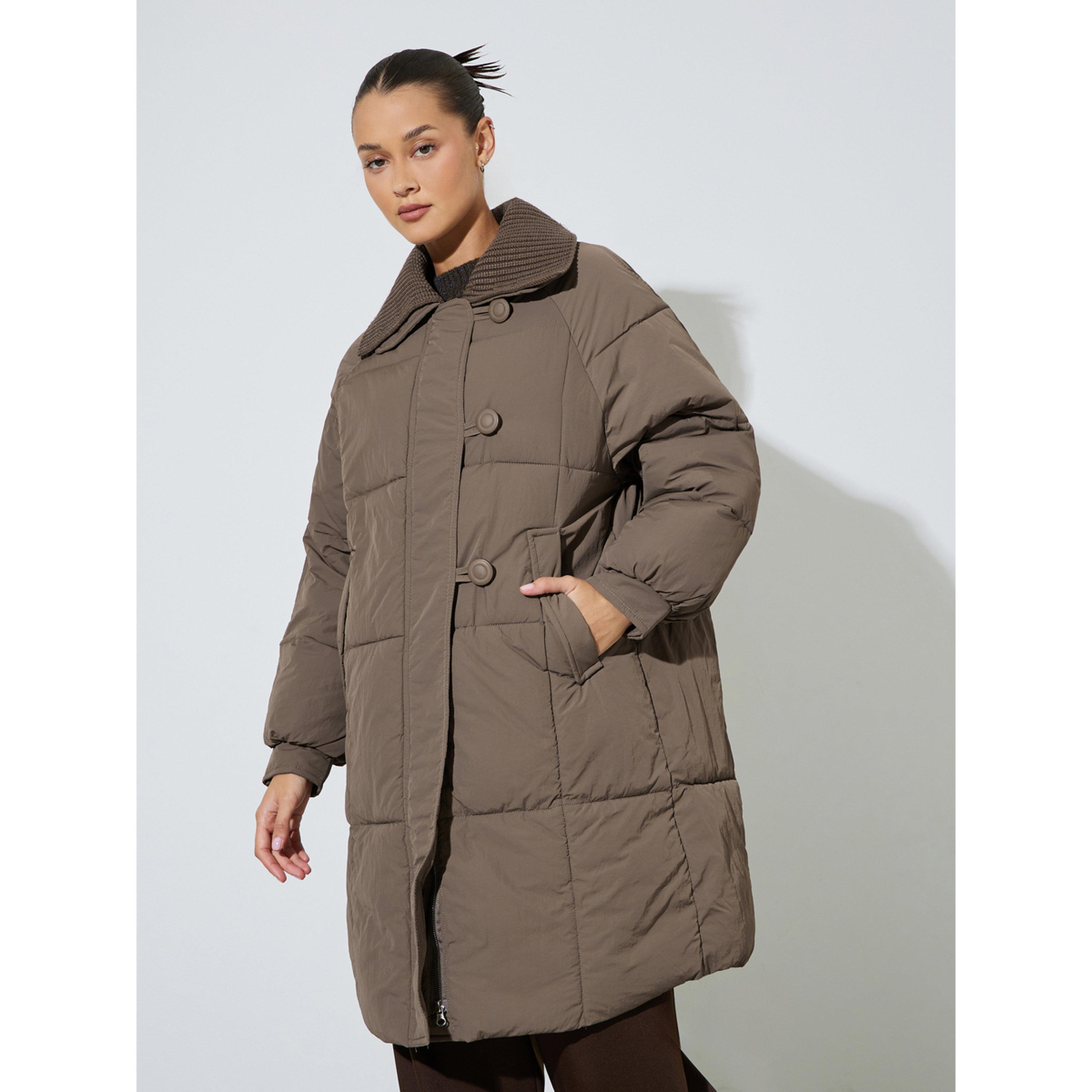 Styli Brown Solid Zip Knee-Length Puffer Coat-women-winterwear-coatsandjackets-jackets-image-1