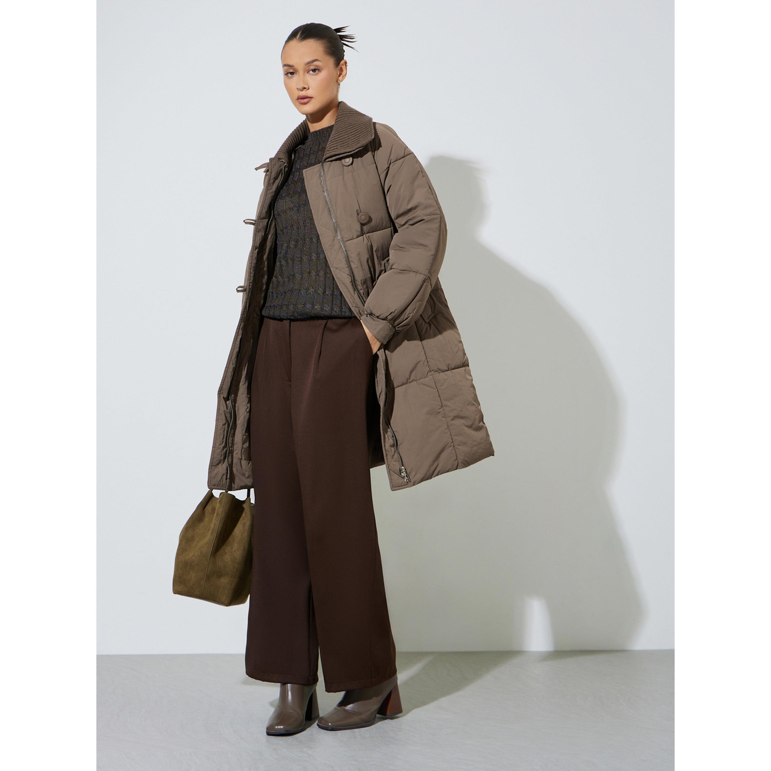 Styli Brown Solid Zip Knee-Length Puffer Coat-women-winterwear-coatsandjackets-jackets-image-2