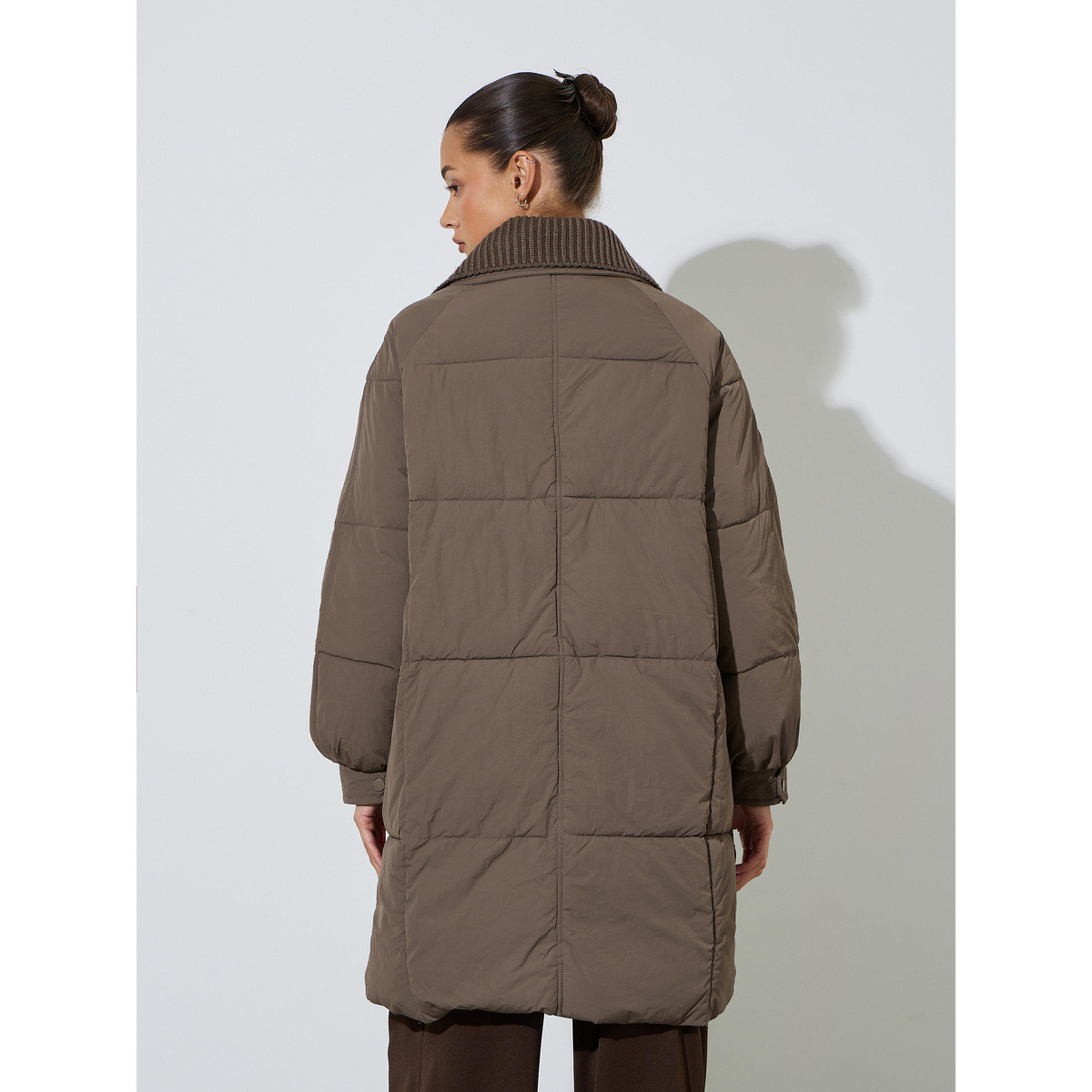 Styli Brown Solid Zip Knee-Length Puffer Coat-women-winterwear-coatsandjackets-jackets-image-3