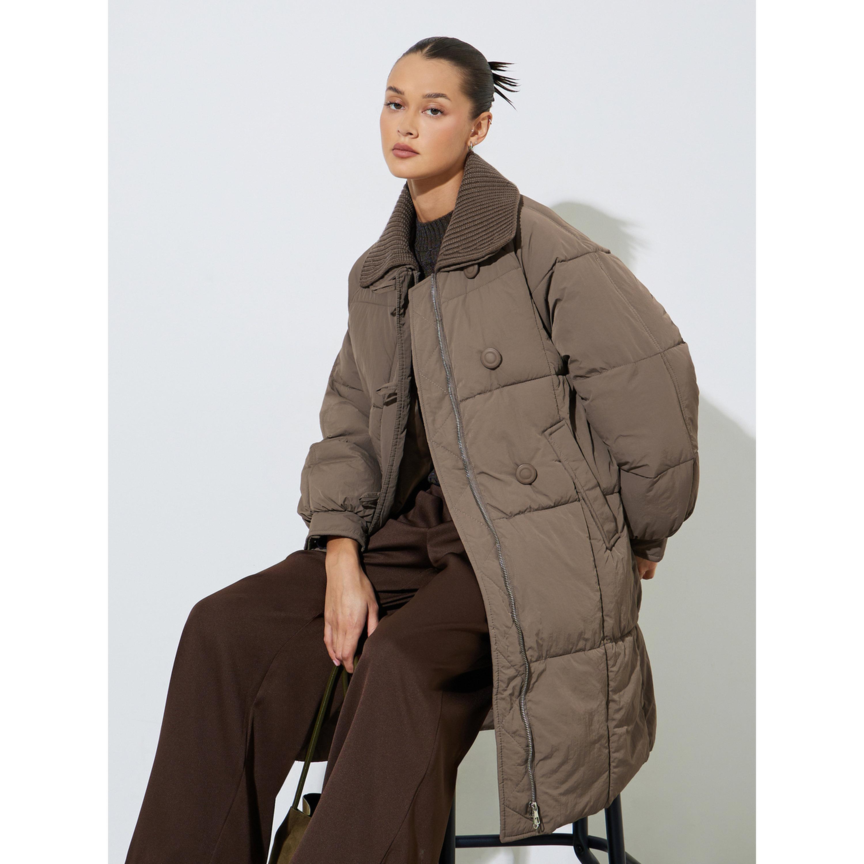 Styli Brown Solid Zip Knee-Length Puffer Coat-women-winterwear-coatsandjackets-jackets-image-4