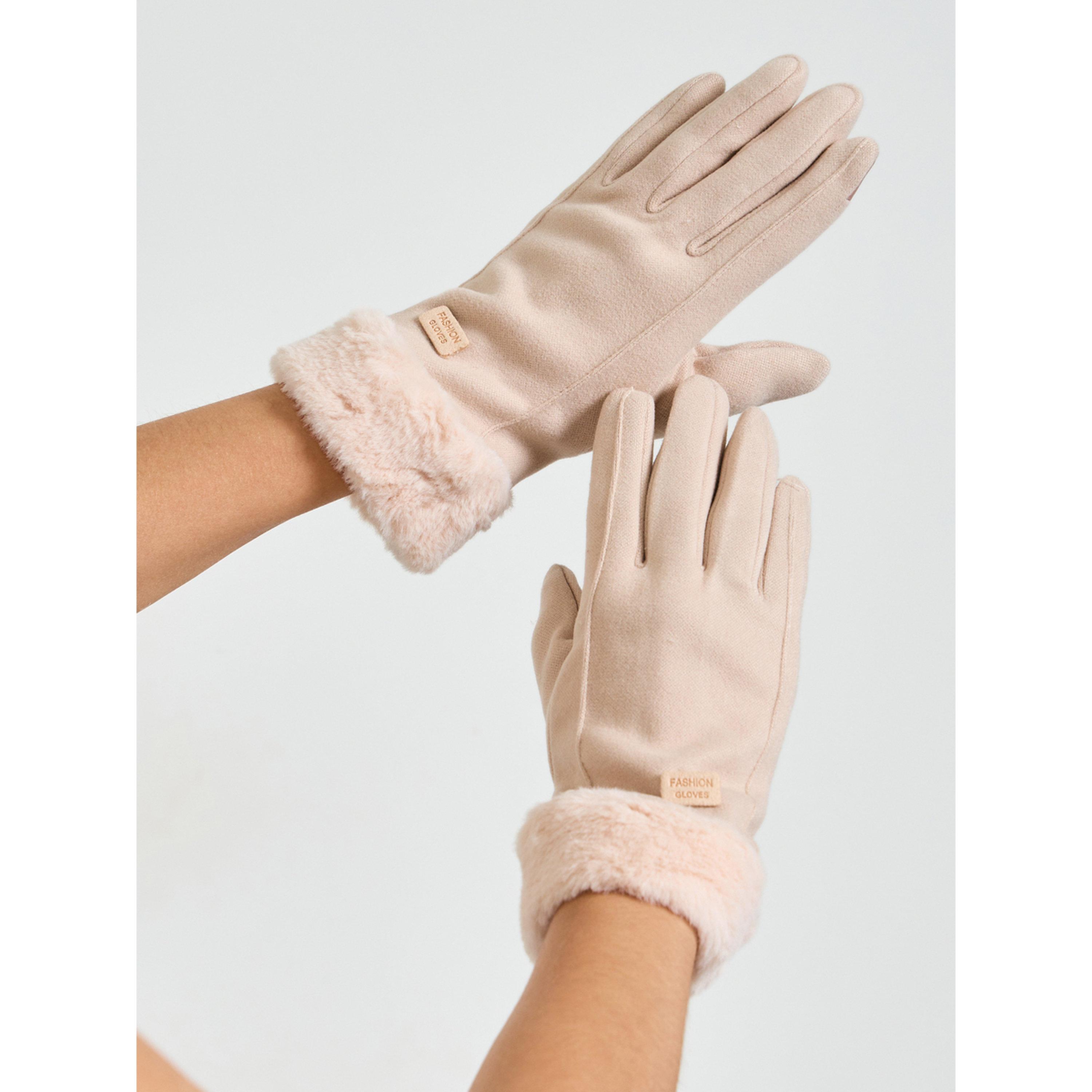 قفازات محبوكة بأساور فرو صناعي باللون البيج-women-clothingaccessories-gloves-image-2