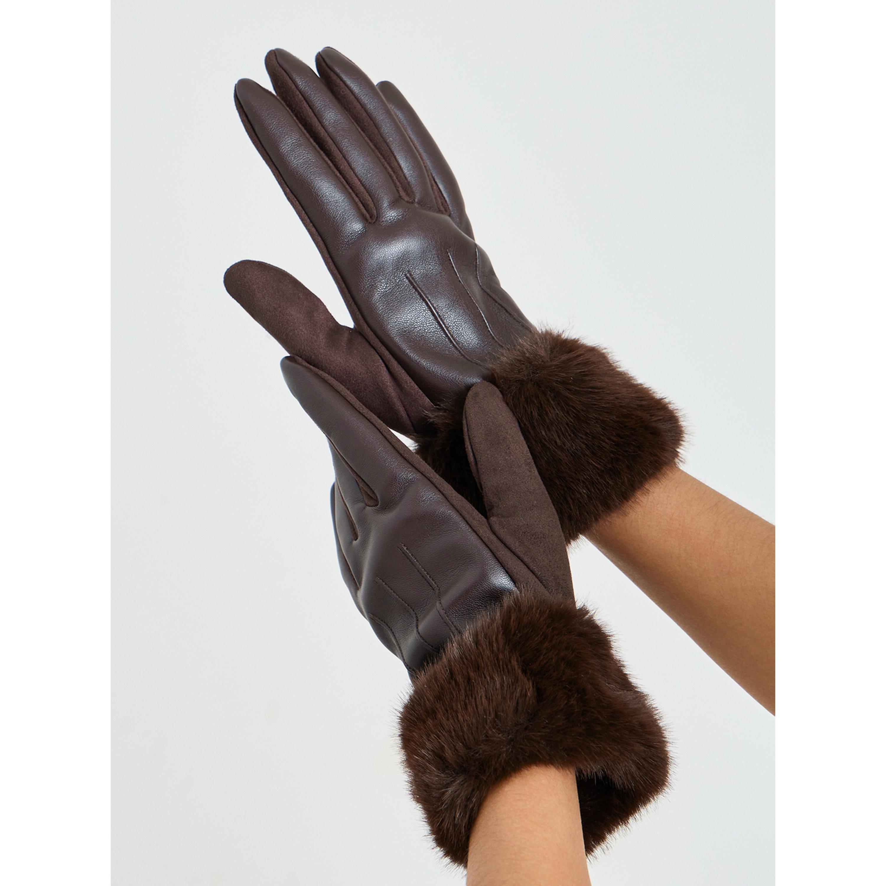 Styli Coffee Brown Faux Fur Trim Gloves-women-clothingaccessories-gloves-image-2