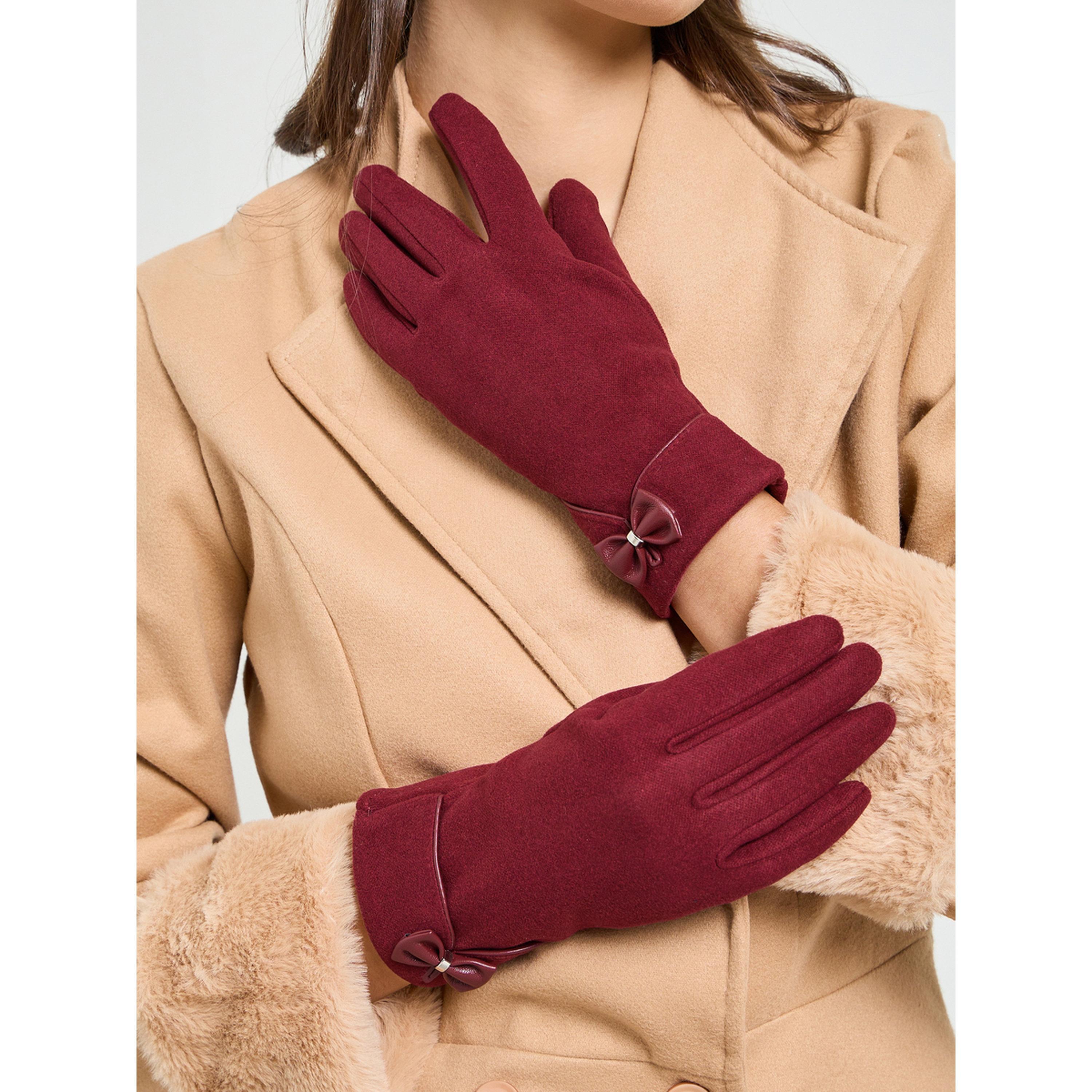 قفازات محبوكة بتفاصيل فيونكة باللون العنابي-women-clothingaccessories-gloves-image-2