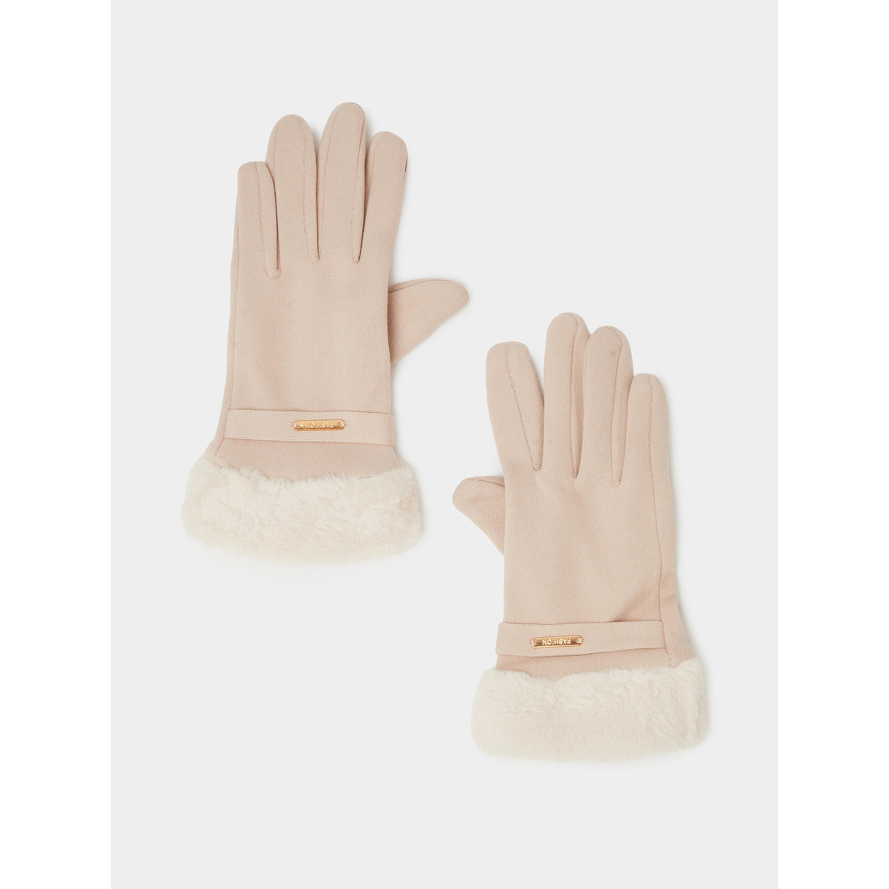 Styli Beige Faux Fur Trim Knitted Gloves-women-clothingaccessories-gloves-image-1