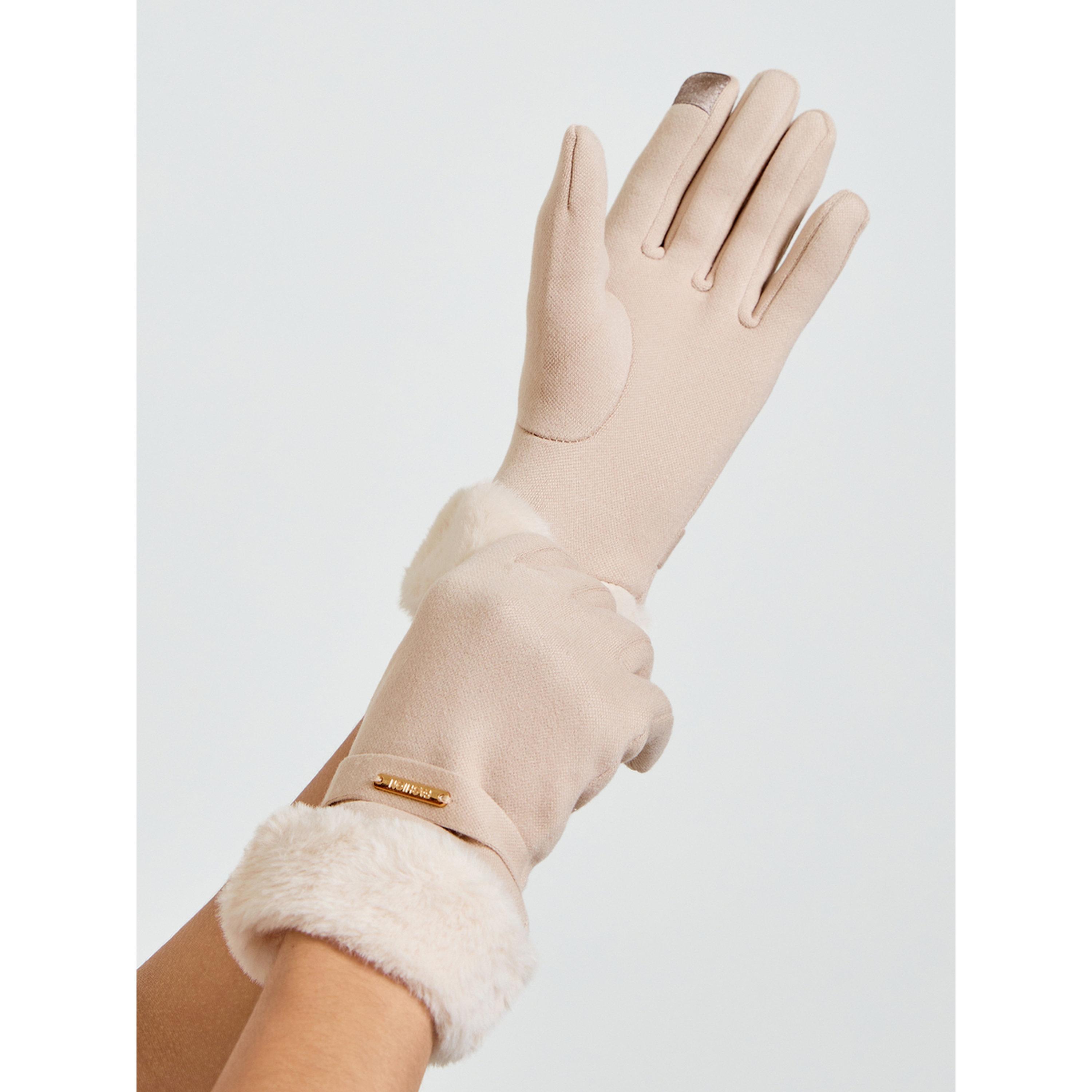 Styli Beige Faux Fur Trim Knitted Gloves-women-clothingaccessories-gloves-image-2