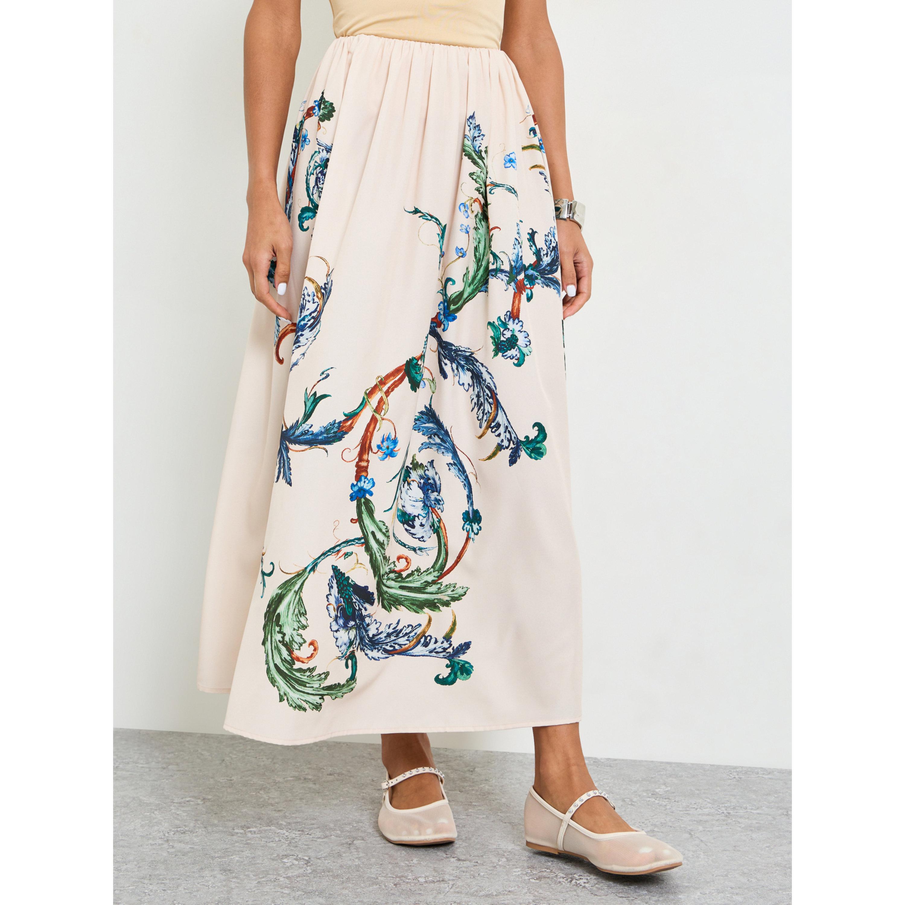 Take Two Beige A-Line Midi Skirt with Floral Print-women-clothing-skirts-image-1