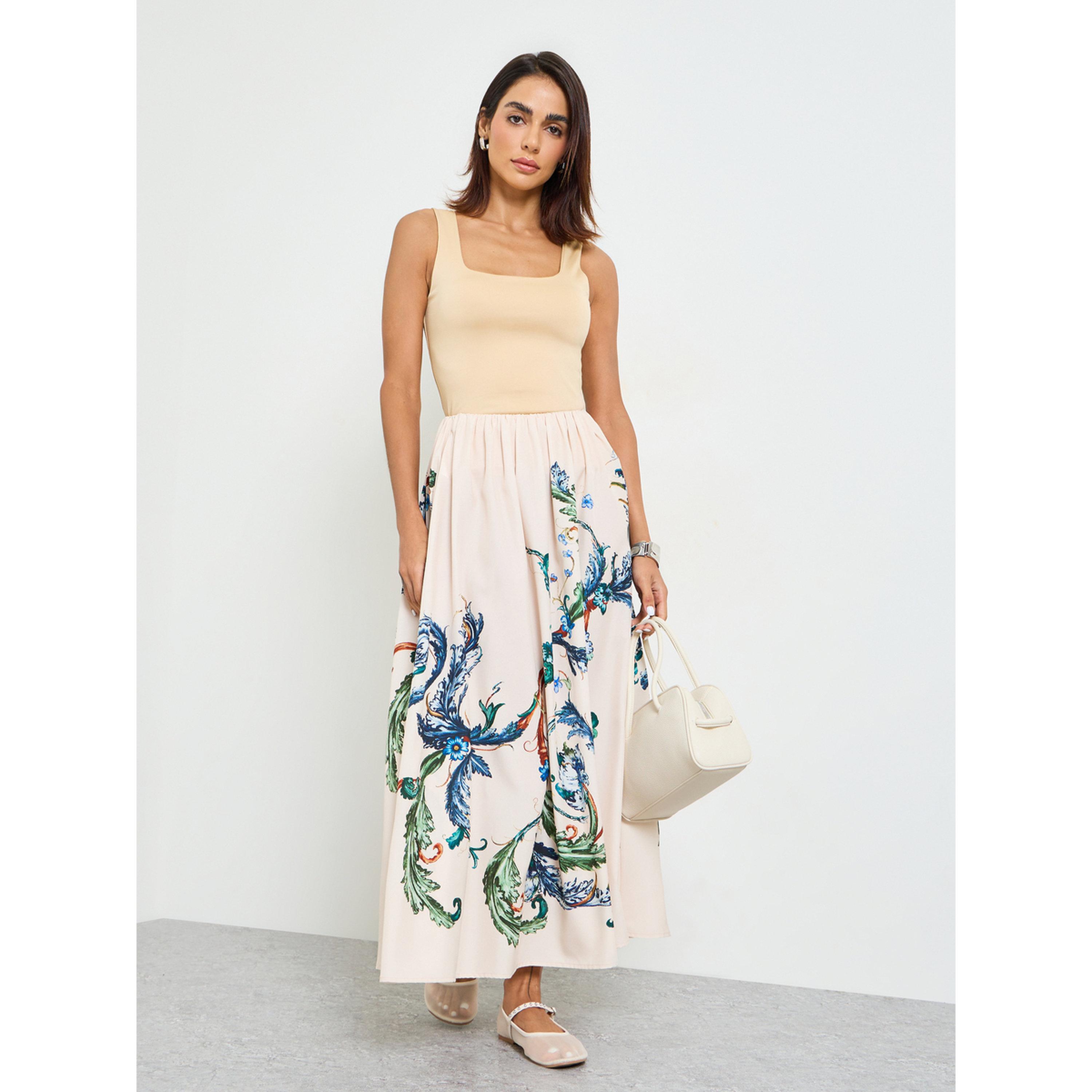 Take Two Beige A-Line Midi Skirt with Floral Print-women-clothing-skirts-image-2