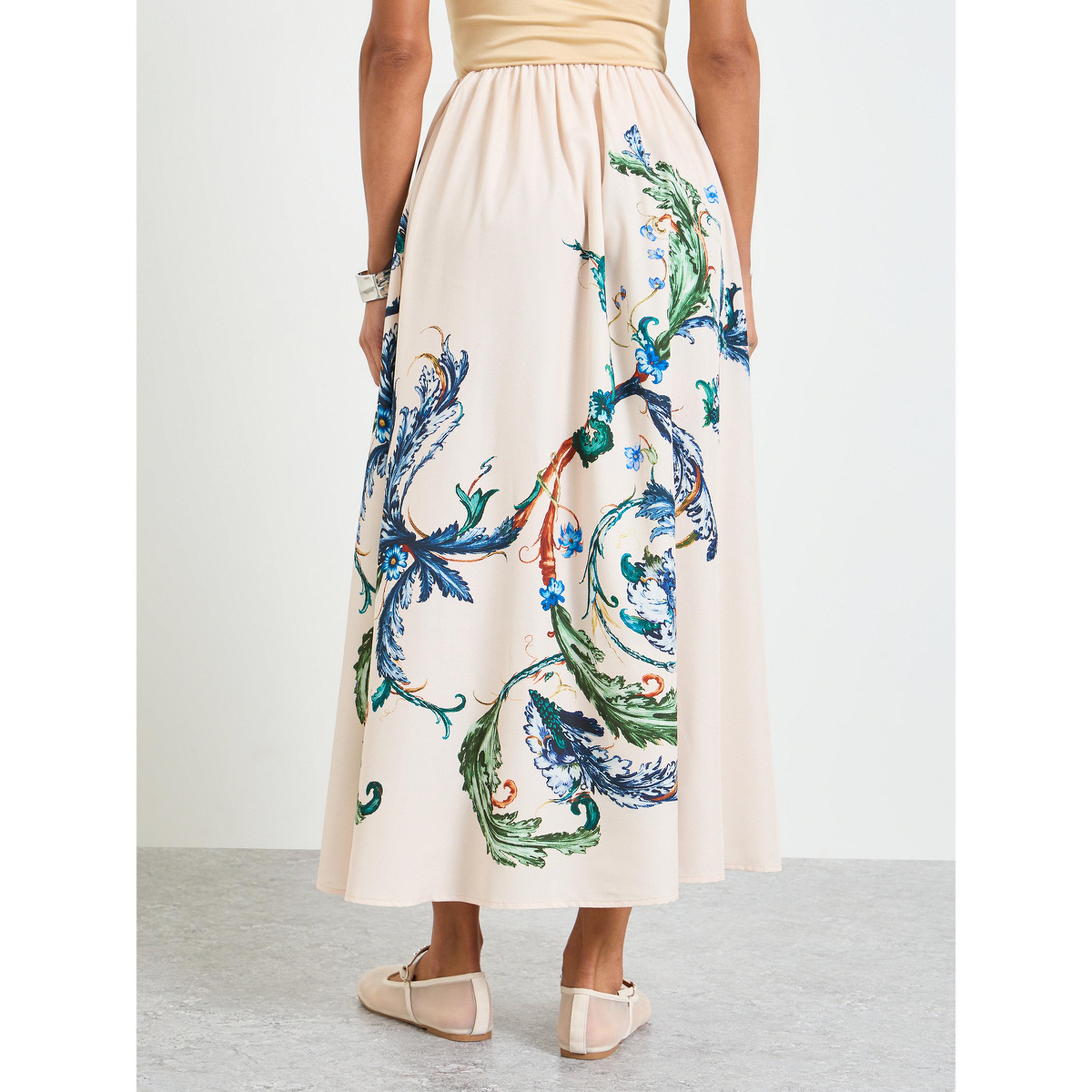 تنورة ميدي بحافة واسعة بطبعة أزهار باللون البيج-women-clothing-skirts-image-4