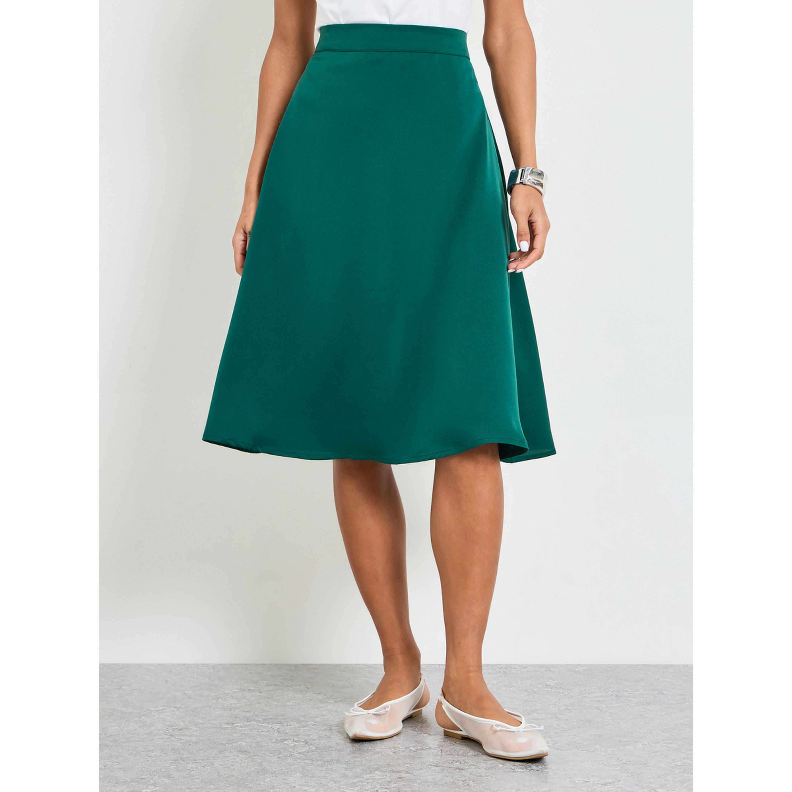 تنورة ميدي بكسرات بلون سادة باللون الأخضر-women-clothing-skirts-image-1