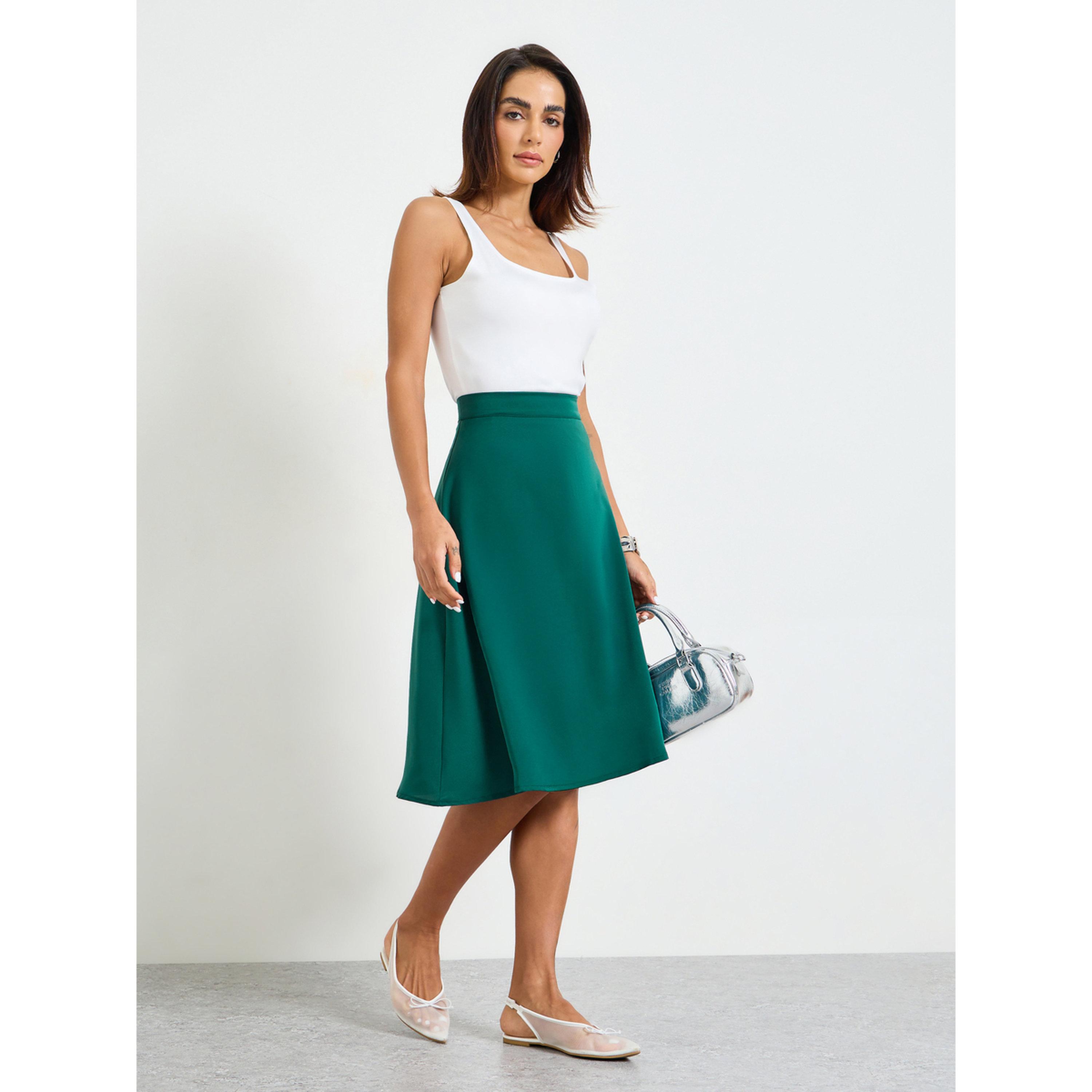 تنورة ميدي بكسرات بلون سادة باللون الأخضر-women-clothing-skirts-image-2