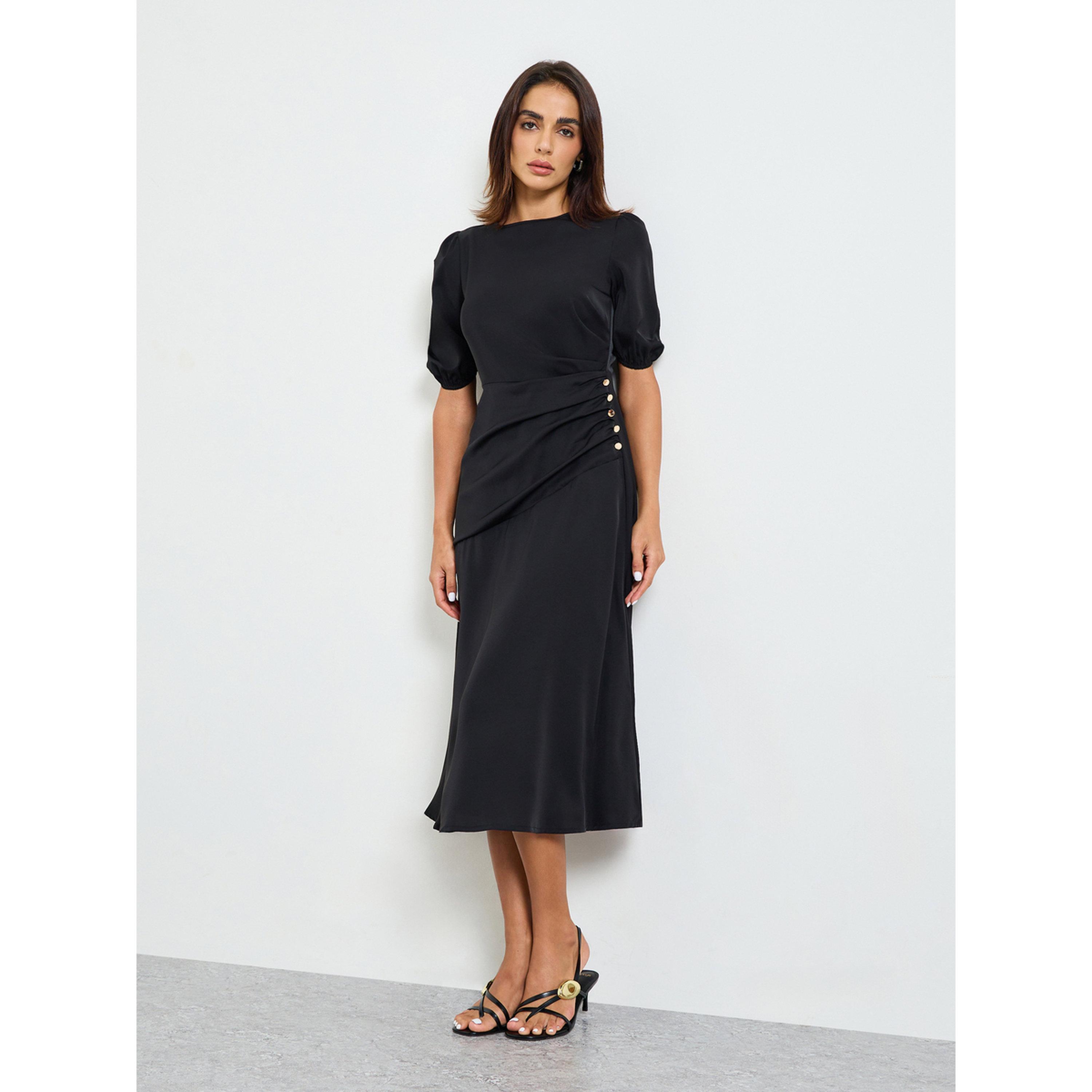 فستان ميدي بأكمام قصيرة باللون الأسود-women-clothing-dresses-image-1