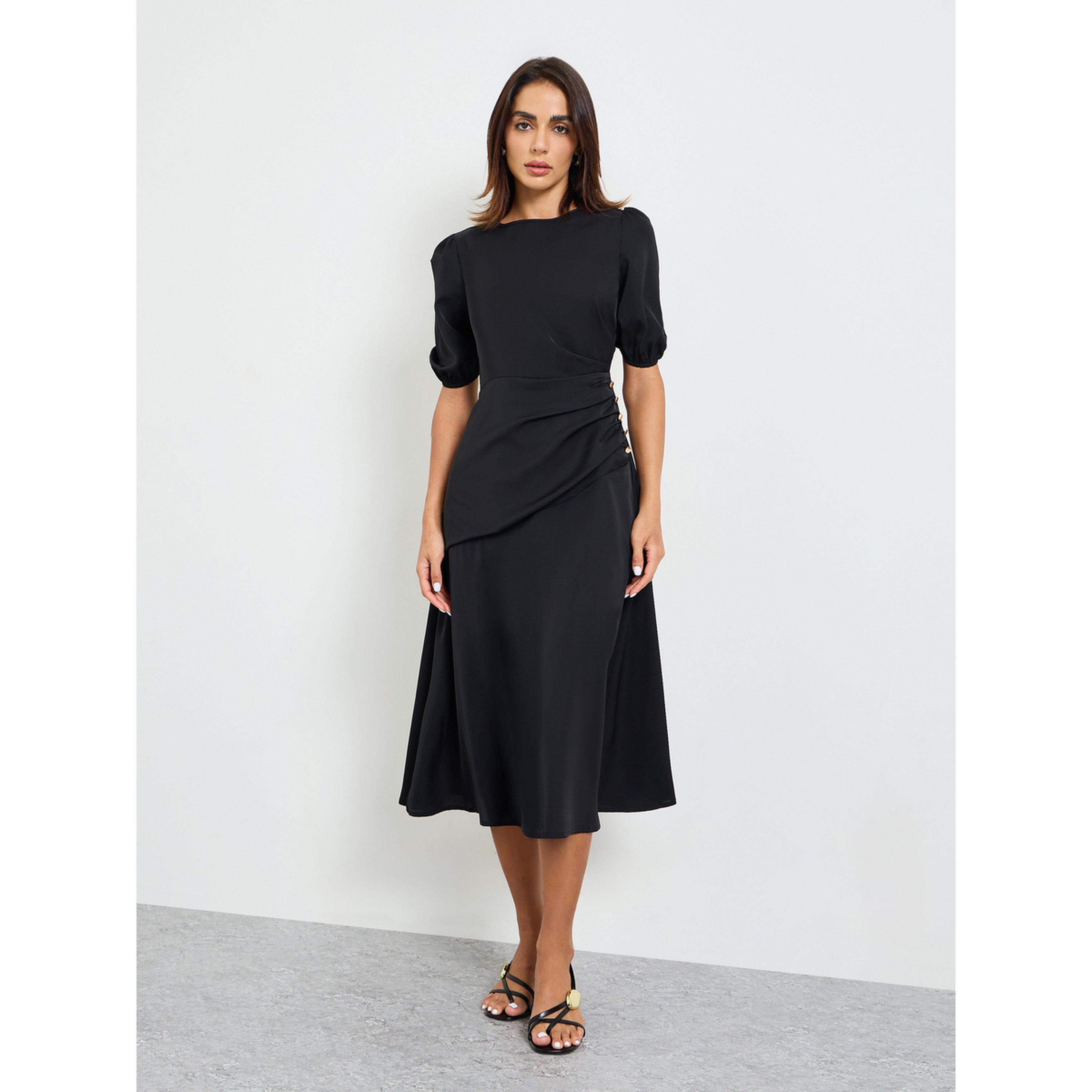 فستان ميدي بأكمام قصيرة باللون الأسود-women-clothing-dresses-image-3