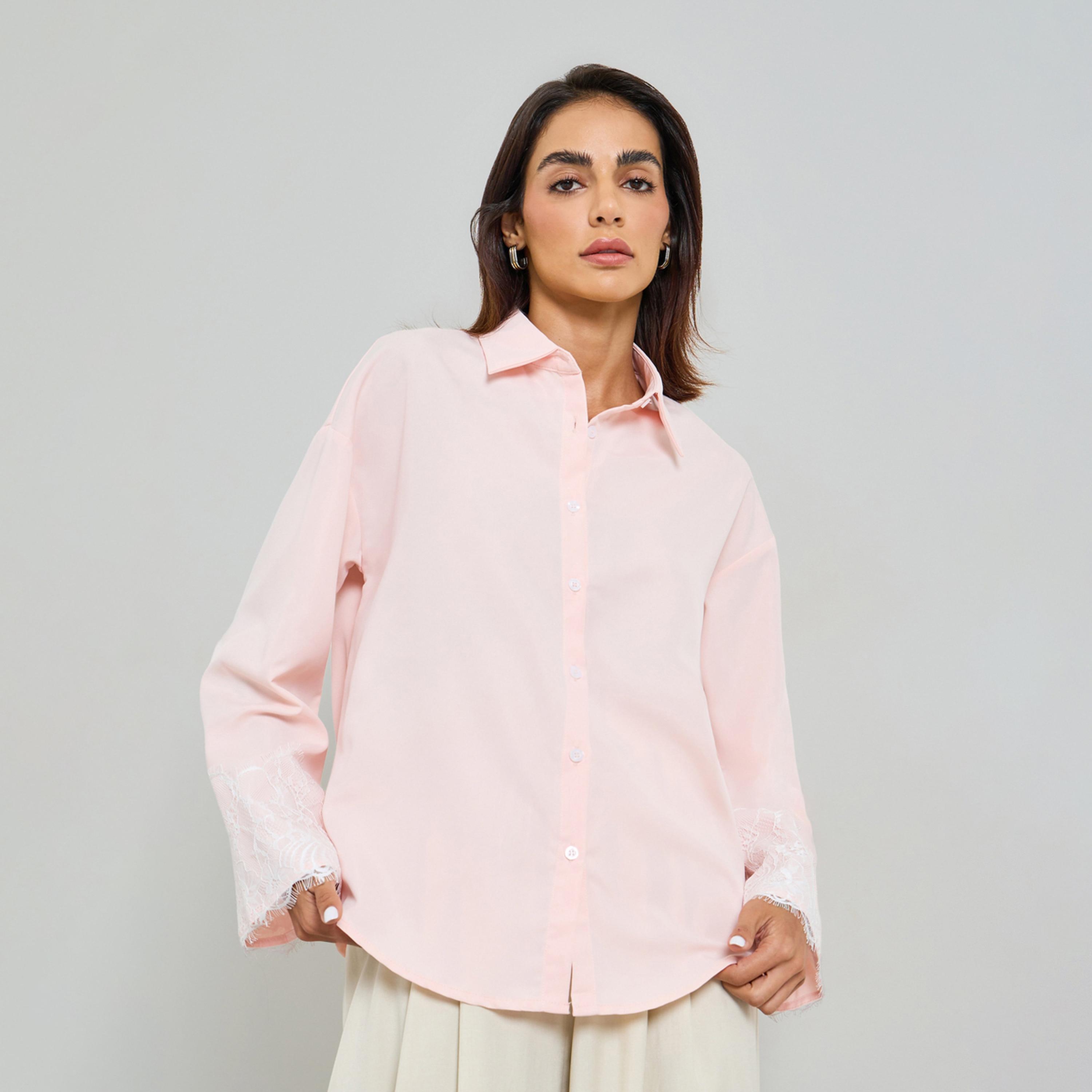 Take Two Pink Long Sleeve Lace Cuff Shirt-women-clothing-shirtsandblouses-shirts-image-1