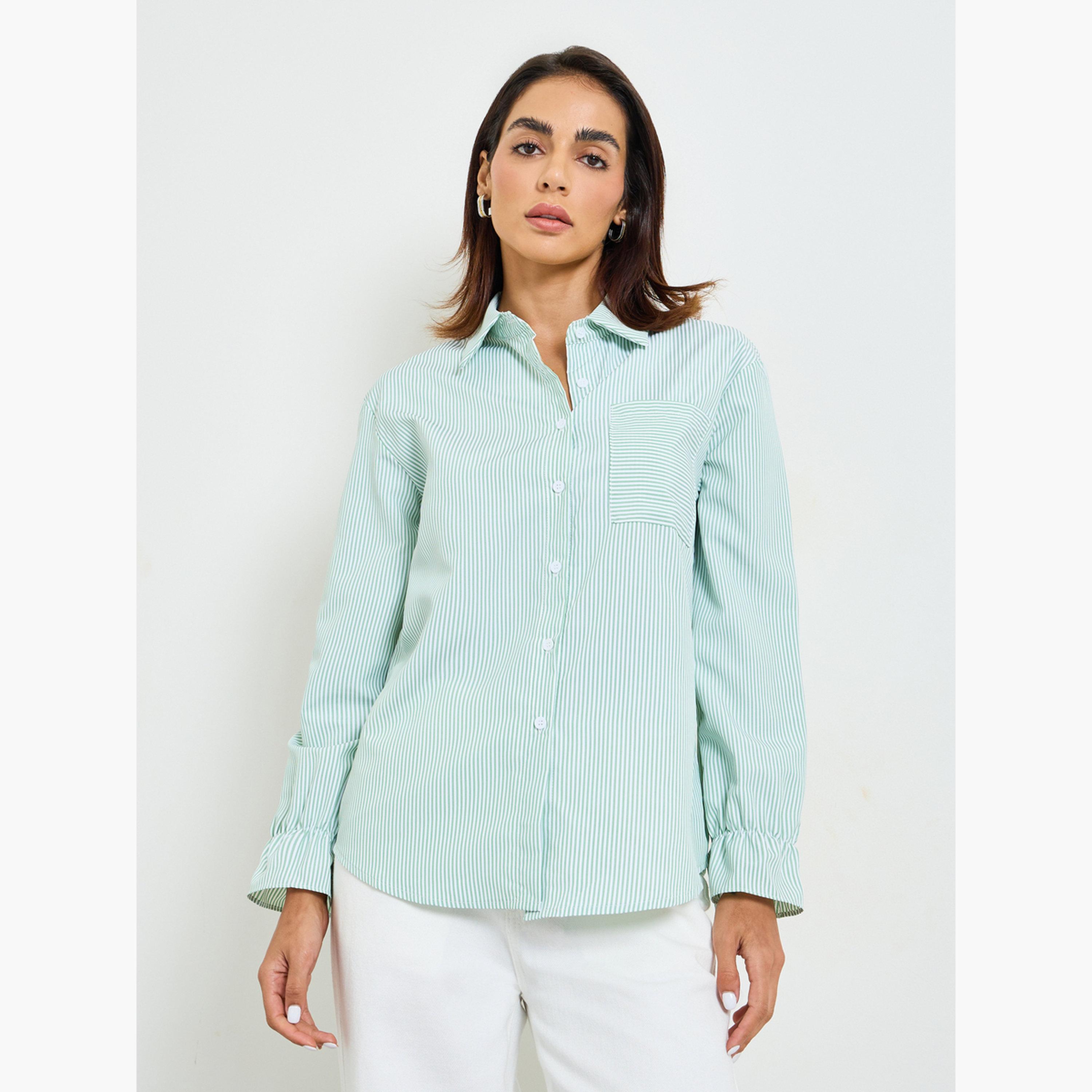 بلوزة بأكمام طويلة مخطط أخضر-women-clothing-shirtsandblouses-shirts-image-1