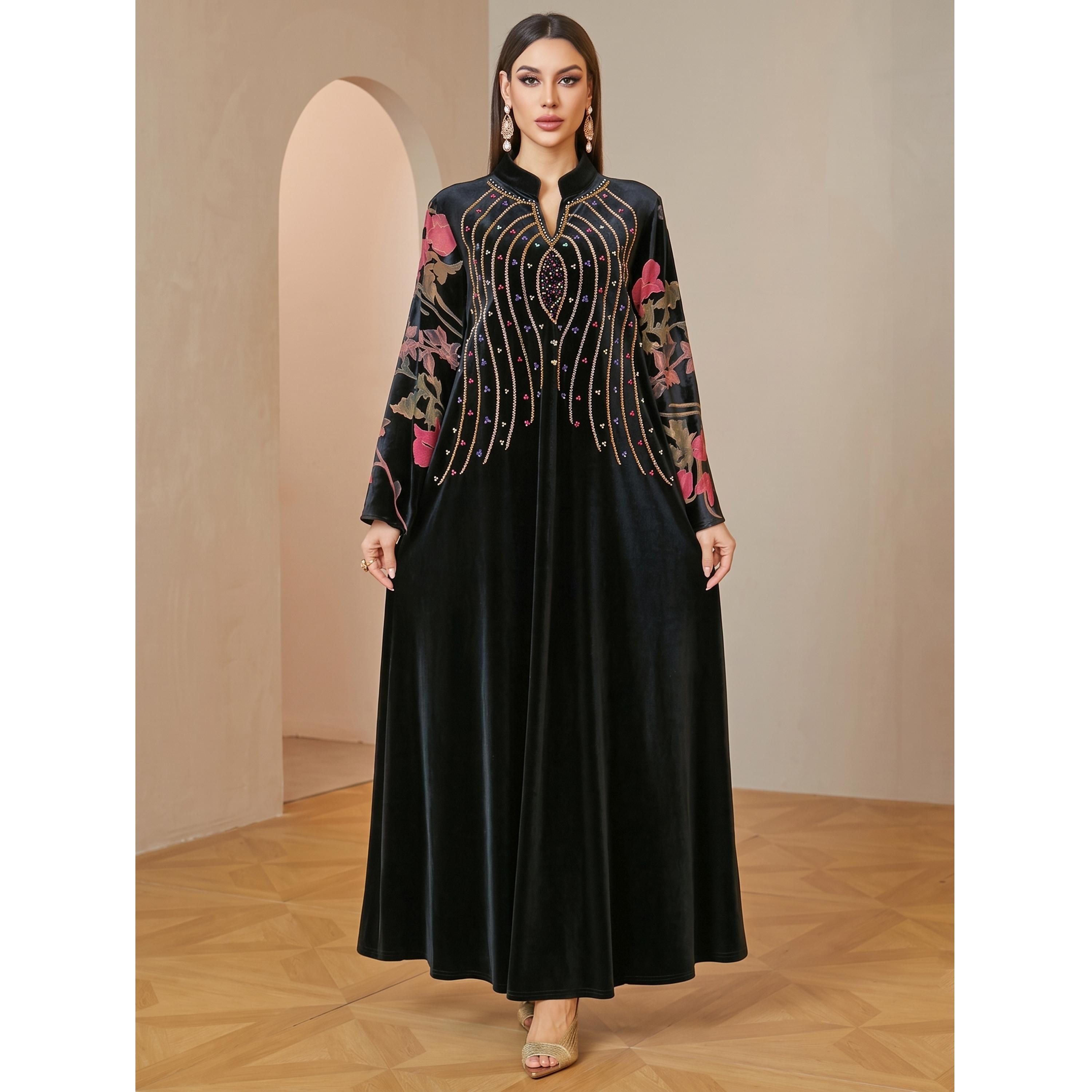 Take Two Elegant Black Velvet Jalabiya Maxi Dress with Floral and Beaded Embroidery-women-arabicclothing-jalabiyas-image-1