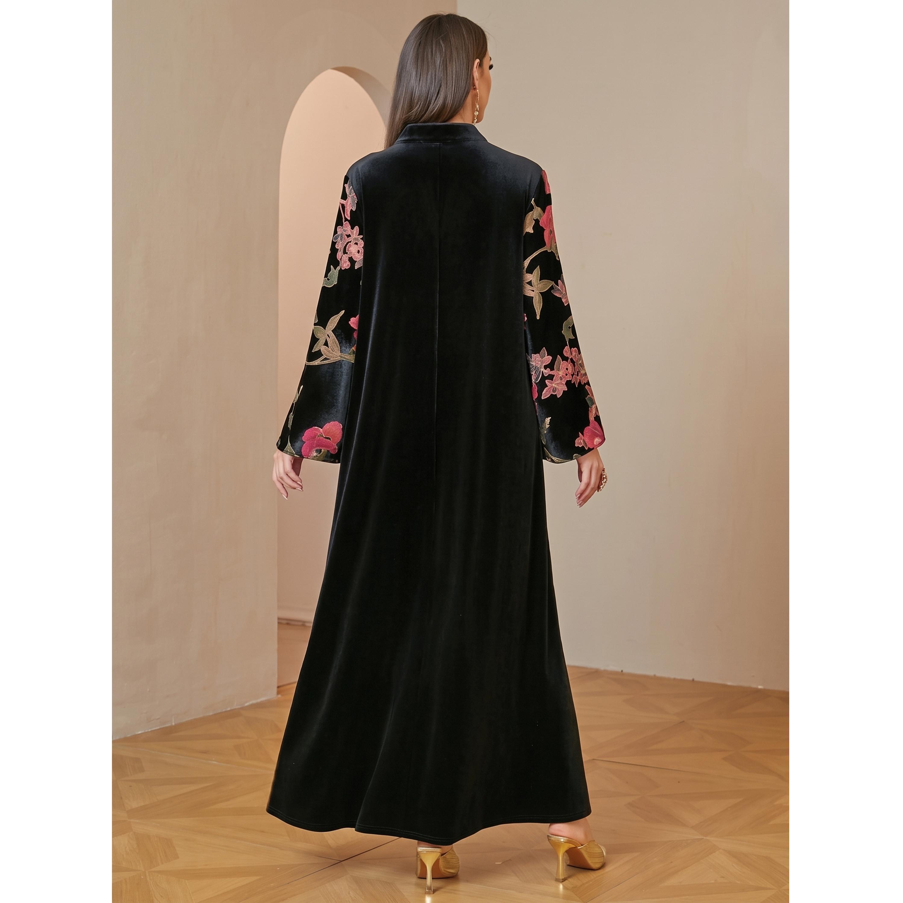 Take Two Elegant Black Velvet Jalabiya Maxi Dress with Floral and Beaded Embroidery-women-arabicclothing-jalabiyas-image-4