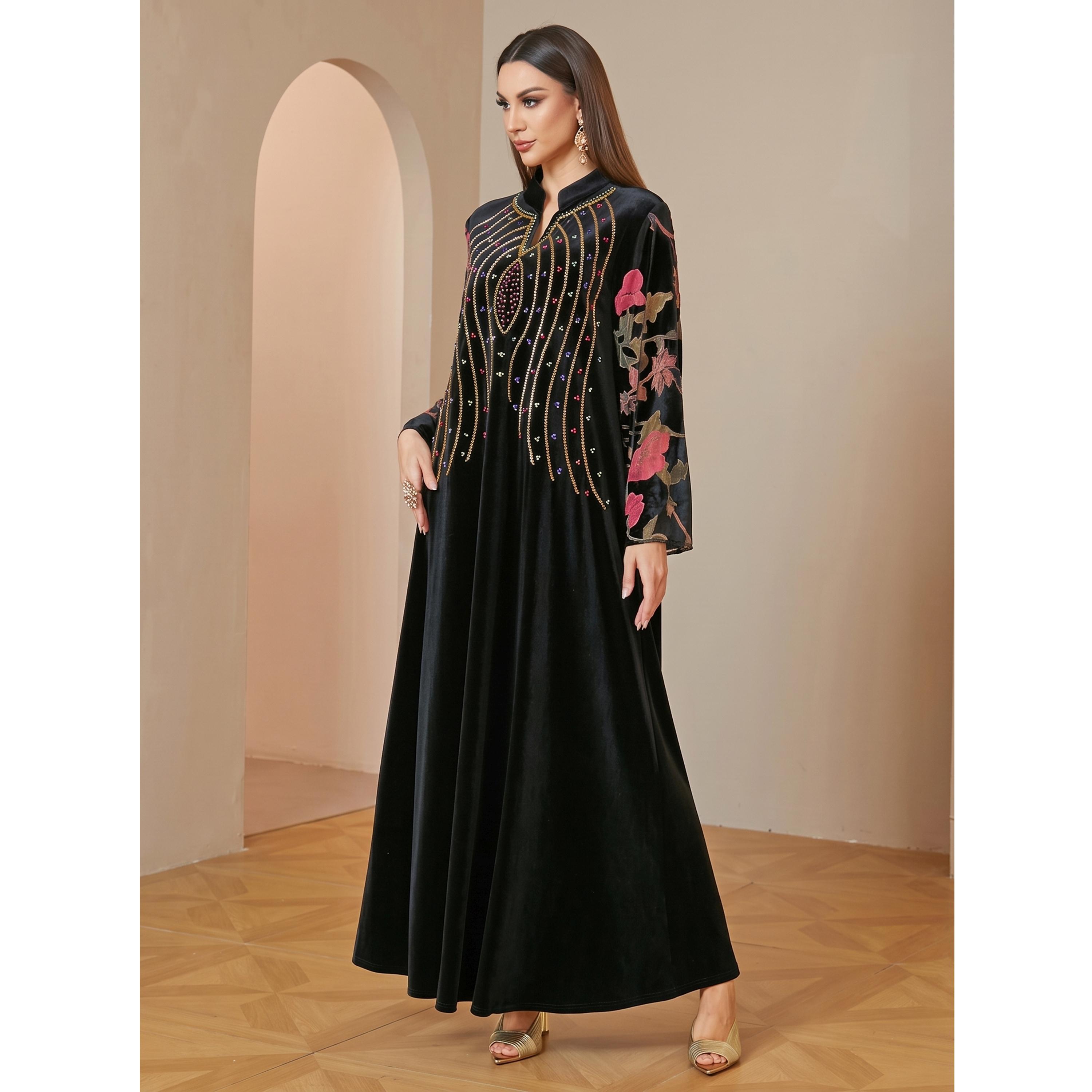 Take Two Elegant Black Velvet Jalabiya Maxi Dress with Floral and Beaded Embroidery-women-arabicclothing-jalabiyas-image-5
