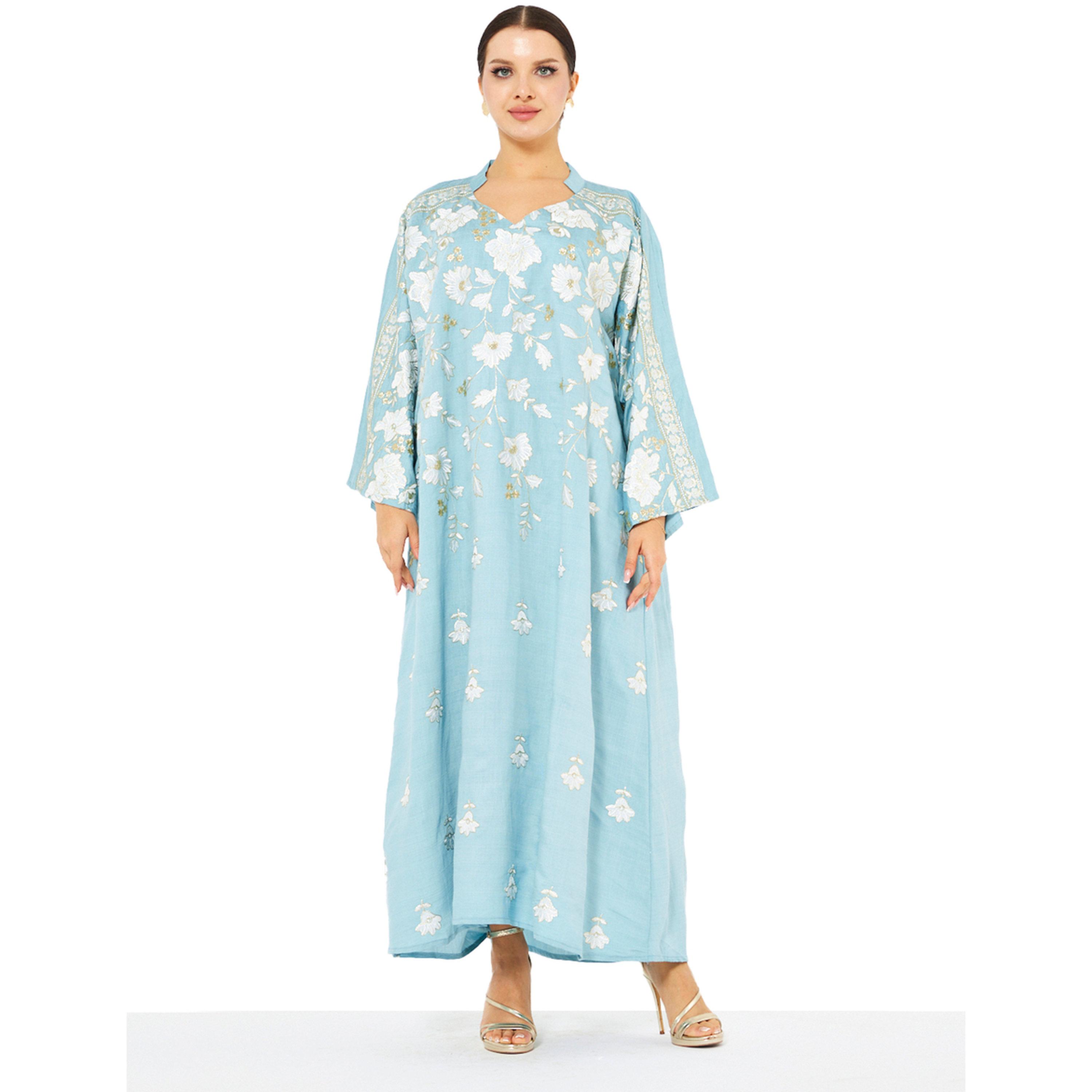 Thouq X Styli Blue A-Line Maxi Jalabiya with Floral Embroidery-women-arabicclothing-jalabiyas-image-1