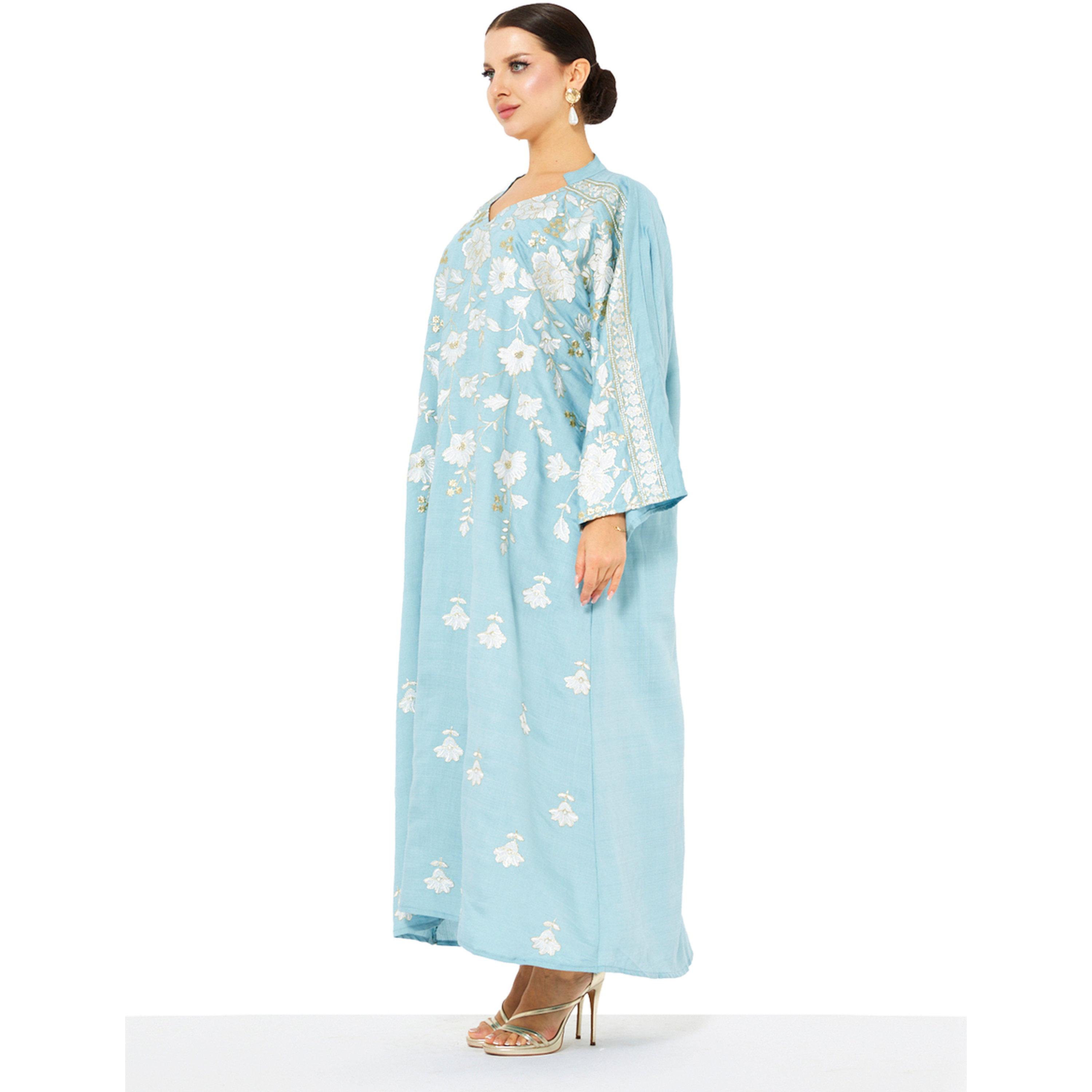 Thouq X Styli Blue A-Line Maxi Jalabiya with Floral Embroidery-women-arabicclothing-jalabiyas-image-2