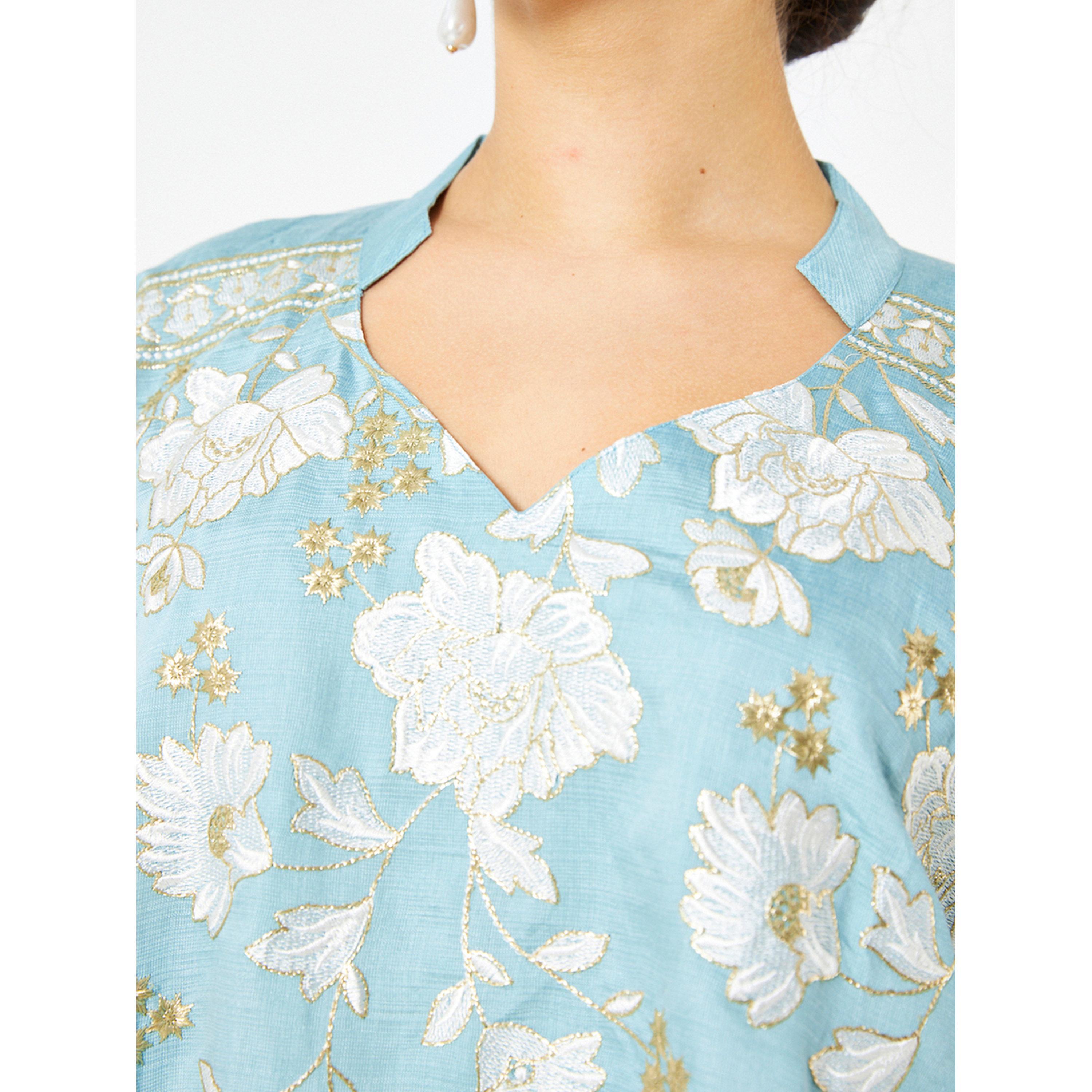 Thouq X Styli Blue A-Line Maxi Jalabiya with Floral Embroidery-women-arabicclothing-jalabiyas-image-4