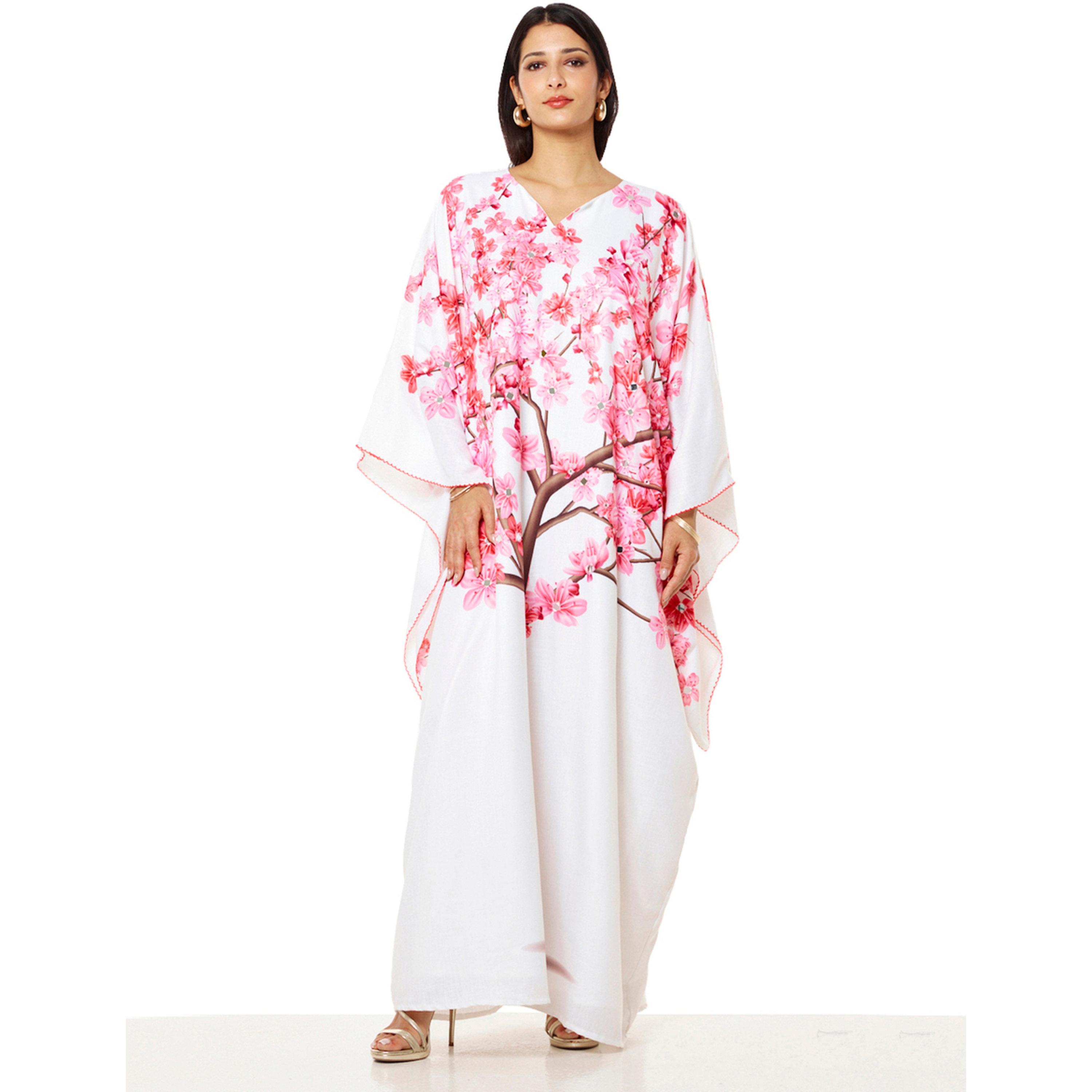 Thouq X Styli White Cherry Blossom Maxi A-Line Kaftan-women-arabicclothing-kaftan-image-1
