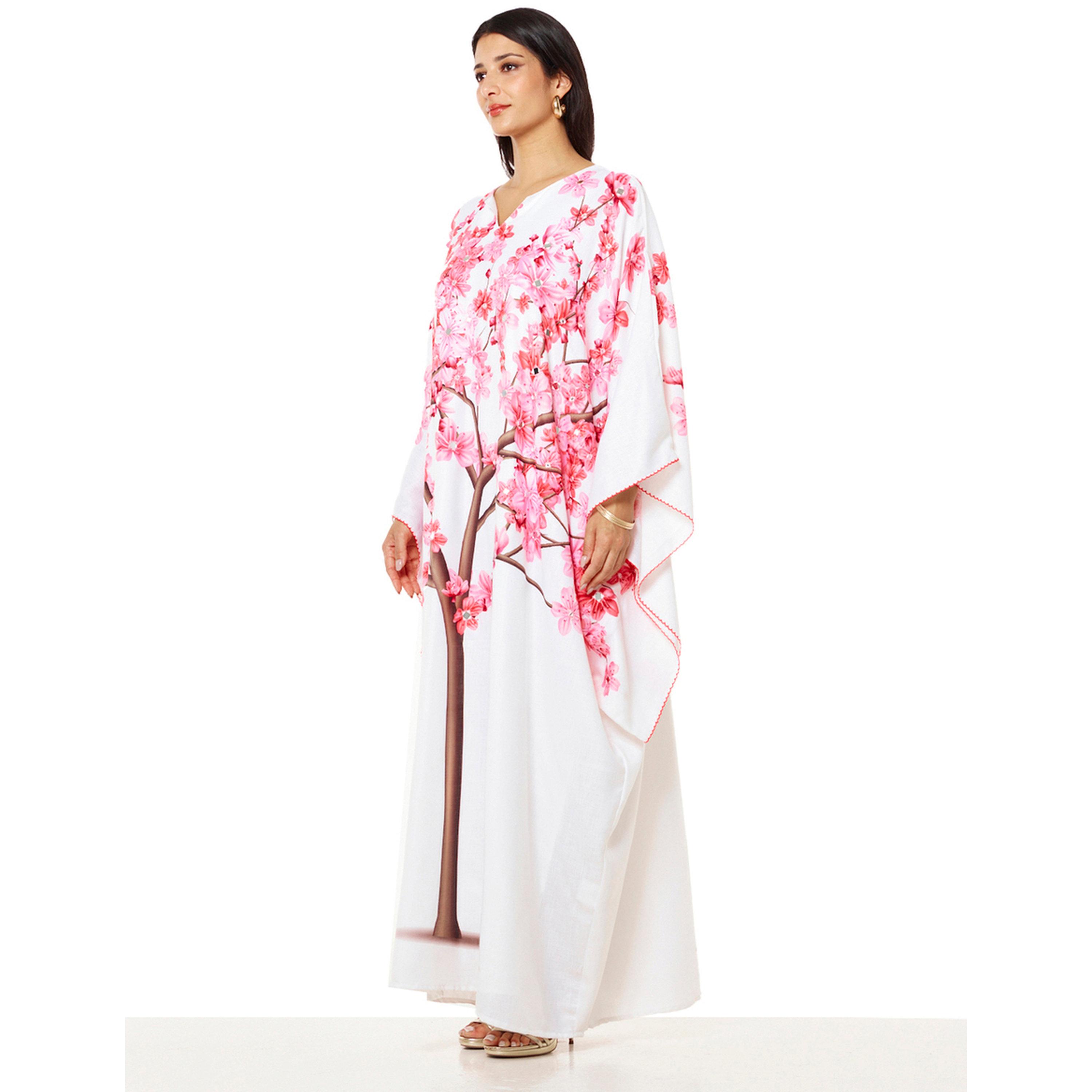 Thouq X Styli White Cherry Blossom Maxi A-Line Kaftan-women-arabicclothing-kaftan-image-2