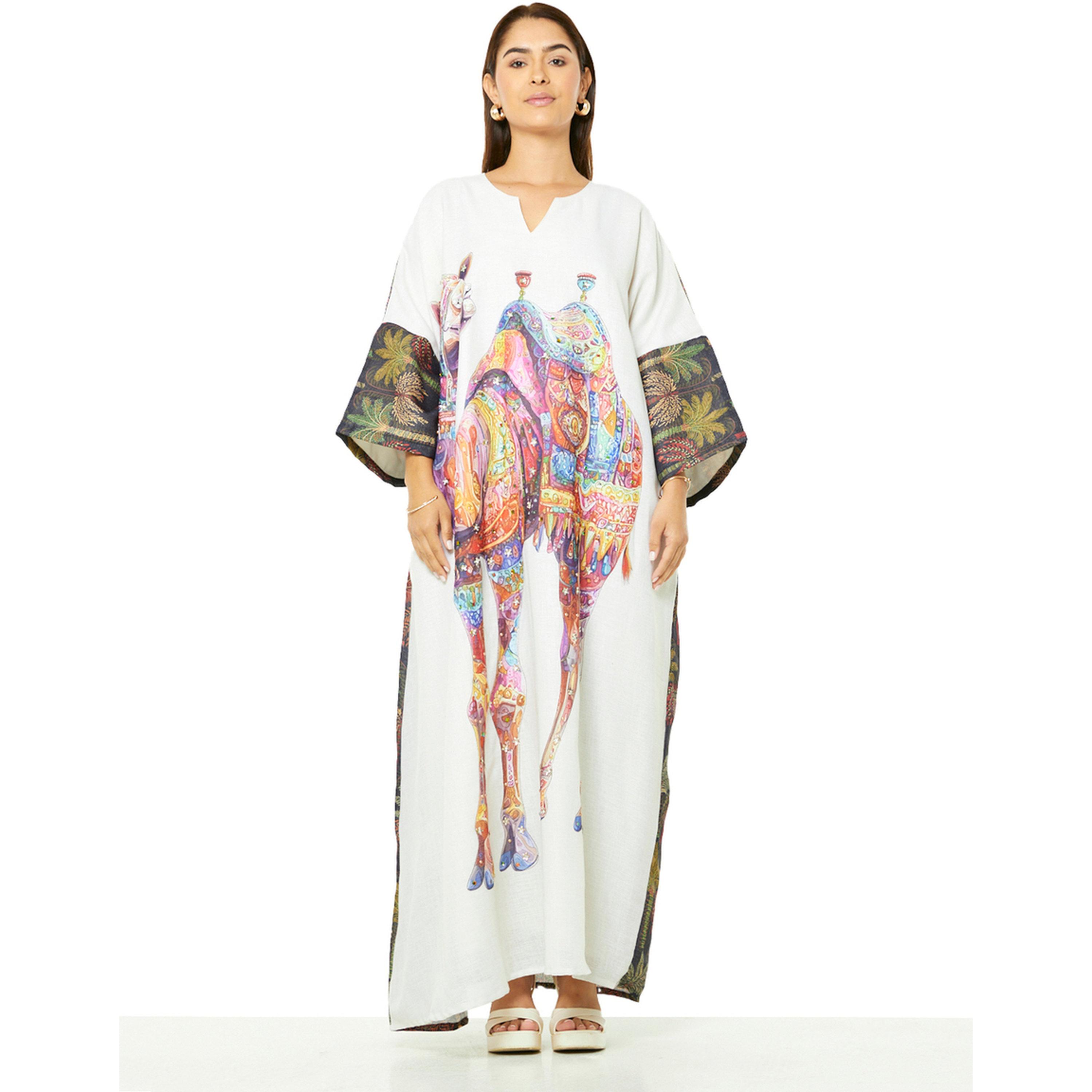 Thouq X Styli Desert Bloom Maxi Kaftan with Camel Art-women-arabicclothing-kaftan-image-1