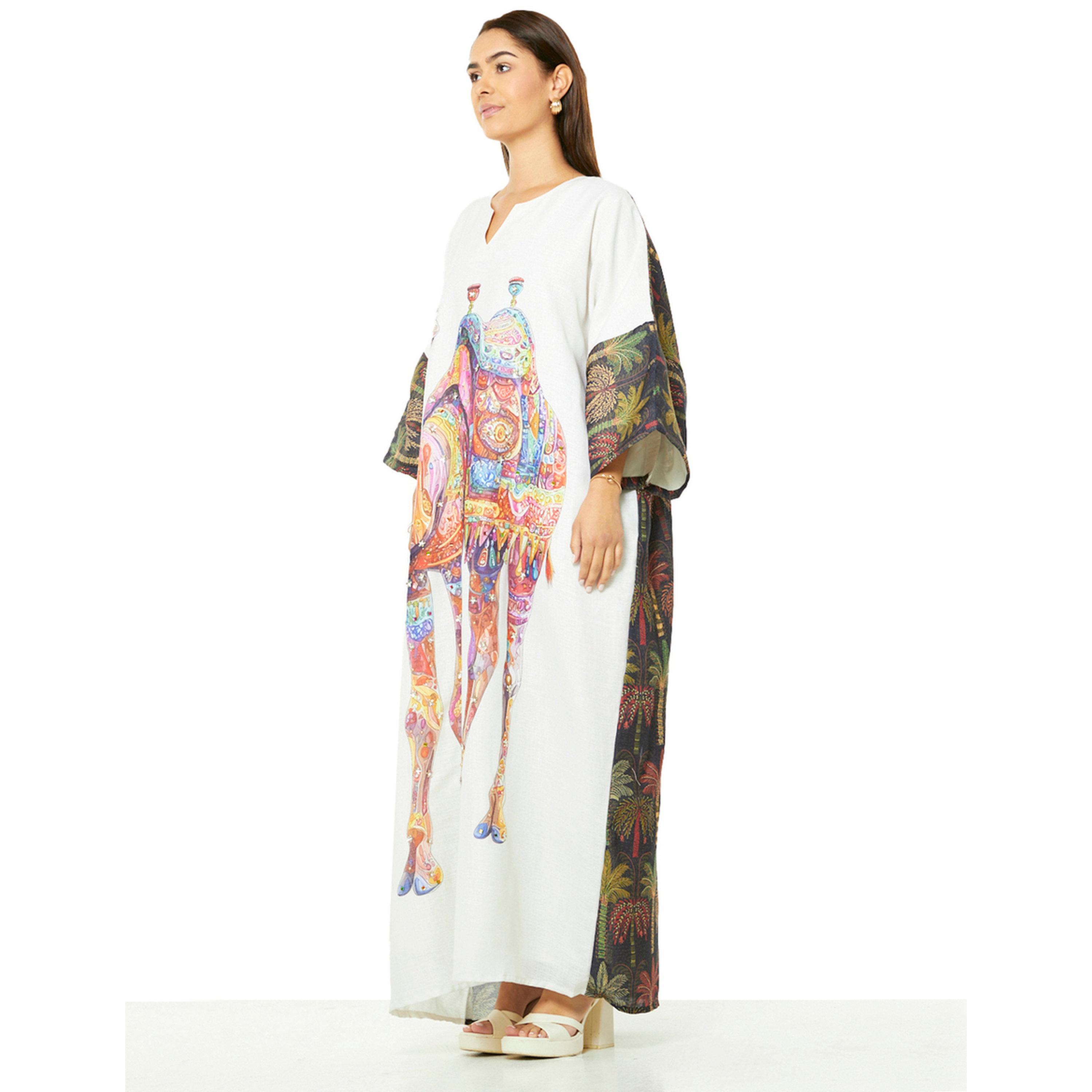 Thouq X Styli Desert Bloom Maxi Kaftan with Camel Art-women-arabicclothing-kaftan-image-2