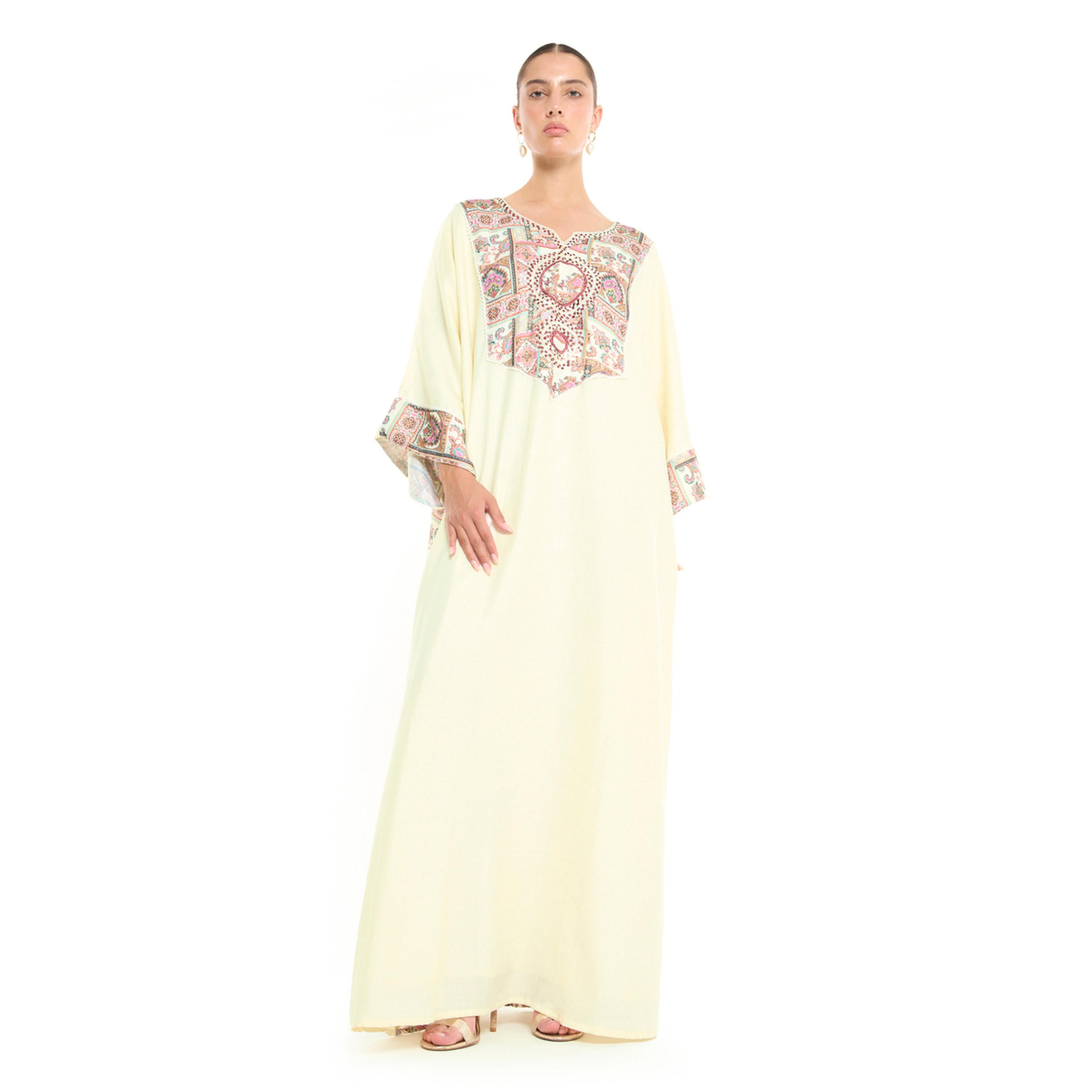 Thouq X Styli Beige A-Line Maxi Jalabiya with Intricate Embroidery-women-arabicclothing-jalabiyas-image-1