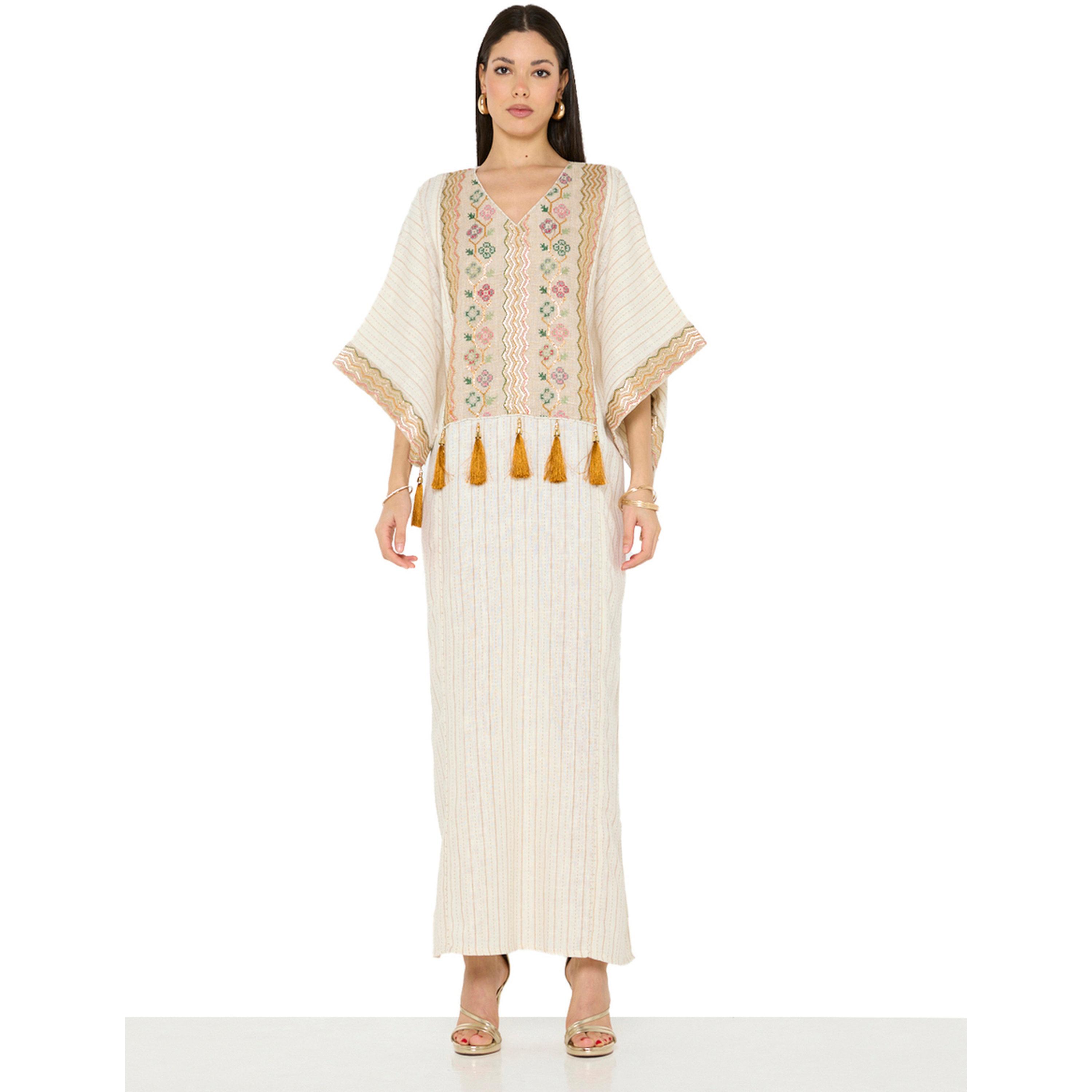 Thouq X Styli Beige Embroidered Tassel Details Batwing Sleeves Jalabiya-women-arabicclothing-jalabiyas-image-1