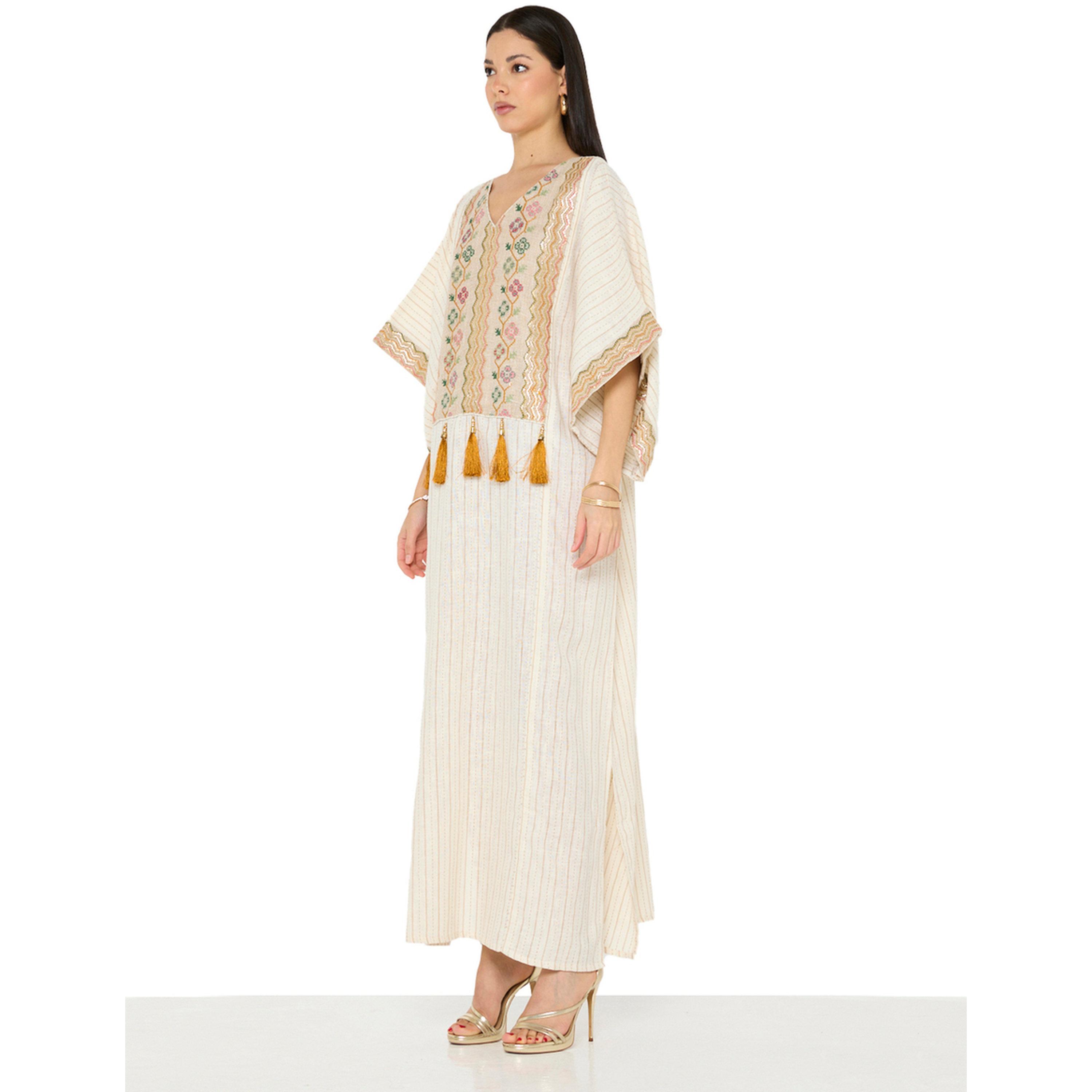 Thouq X Styli Beige Embroidered Tassel Details Batwing Sleeves Jalabiya-women-arabicclothing-jalabiyas-image-2