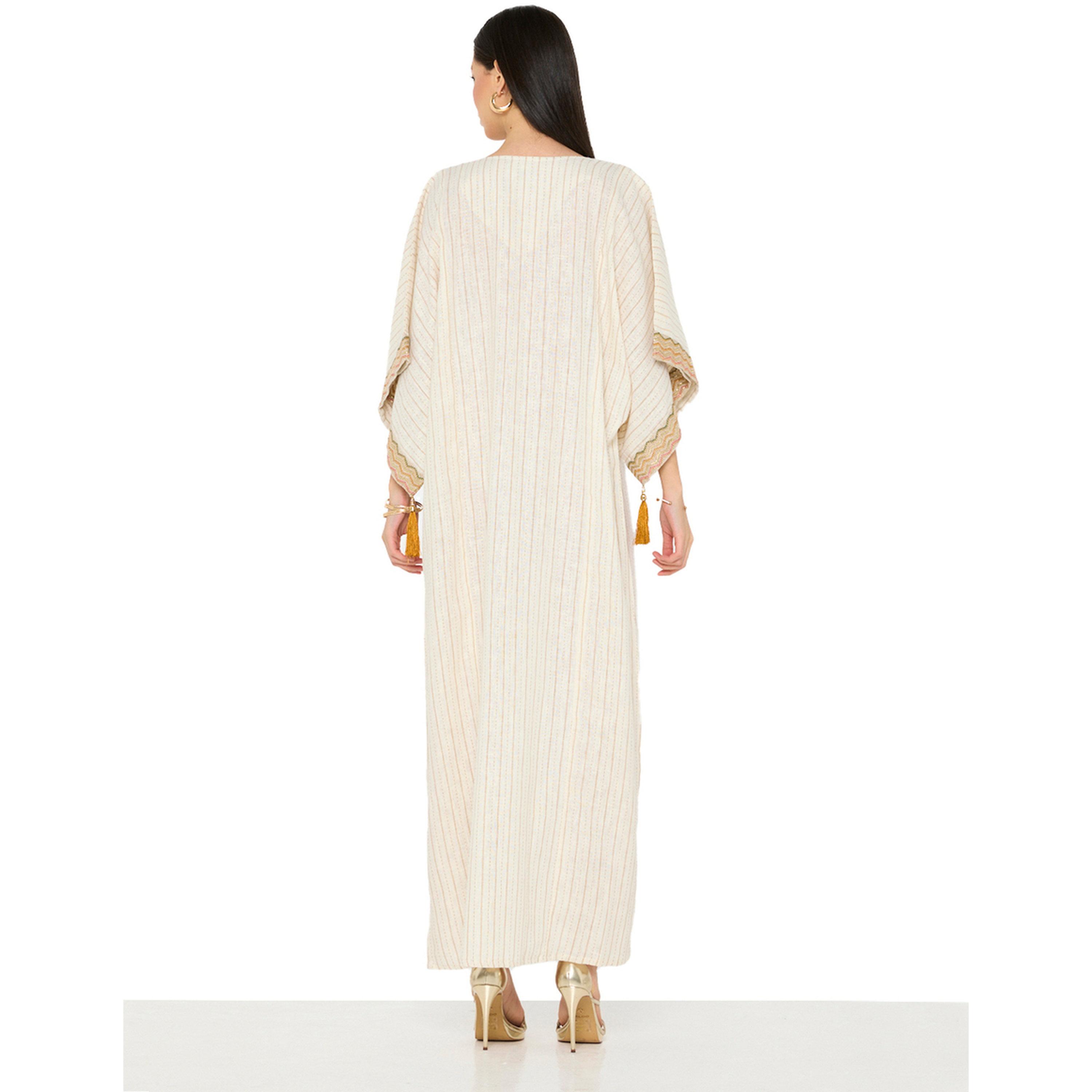 Thouq X Styli Beige Embroidered Tassel Details Batwing Sleeves Jalabiya-women-arabicclothing-jalabiyas-image-3