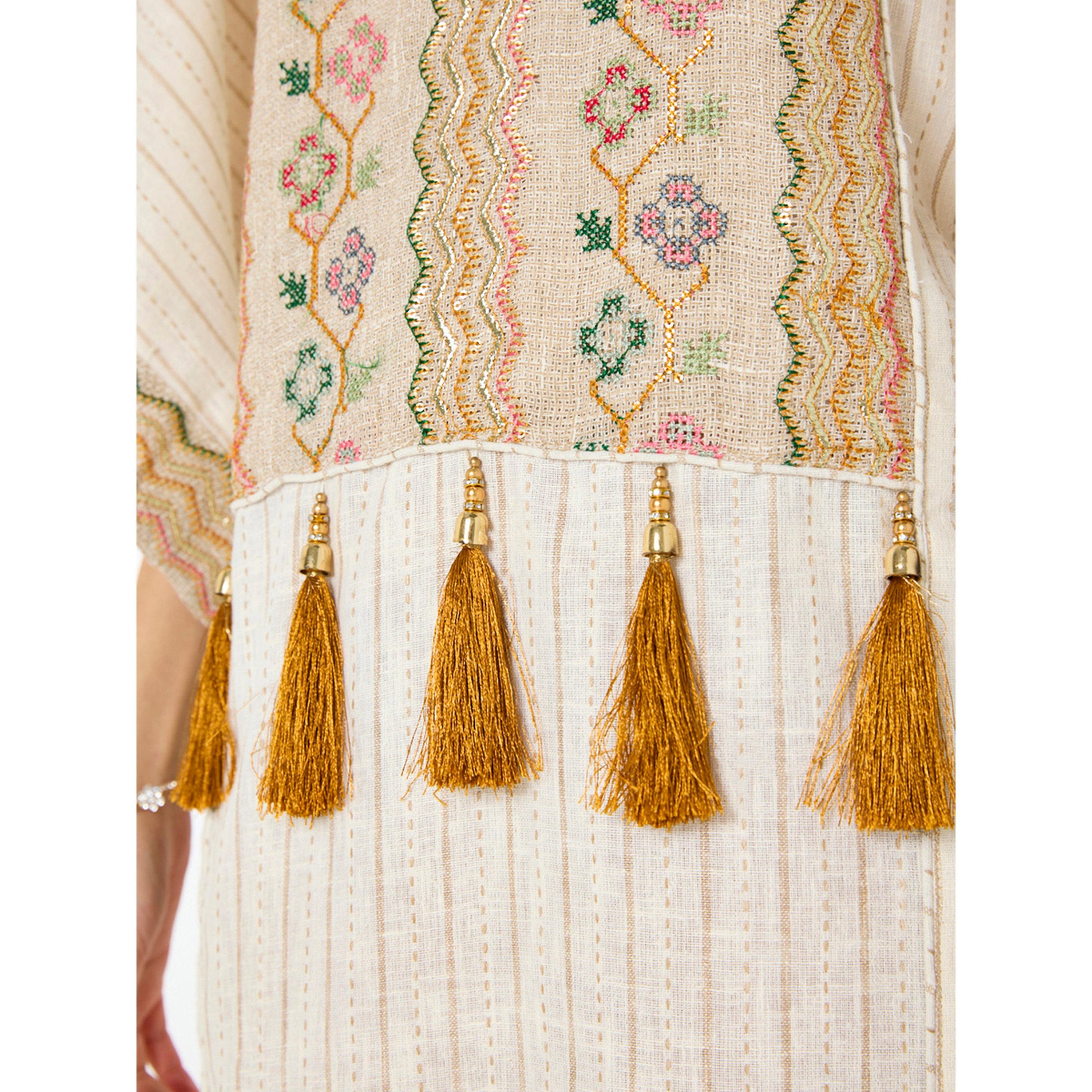 Thouq X Styli Beige Embroidered Tassel Details Batwing Sleeves Jalabiya-women-arabicclothing-jalabiyas-image-4