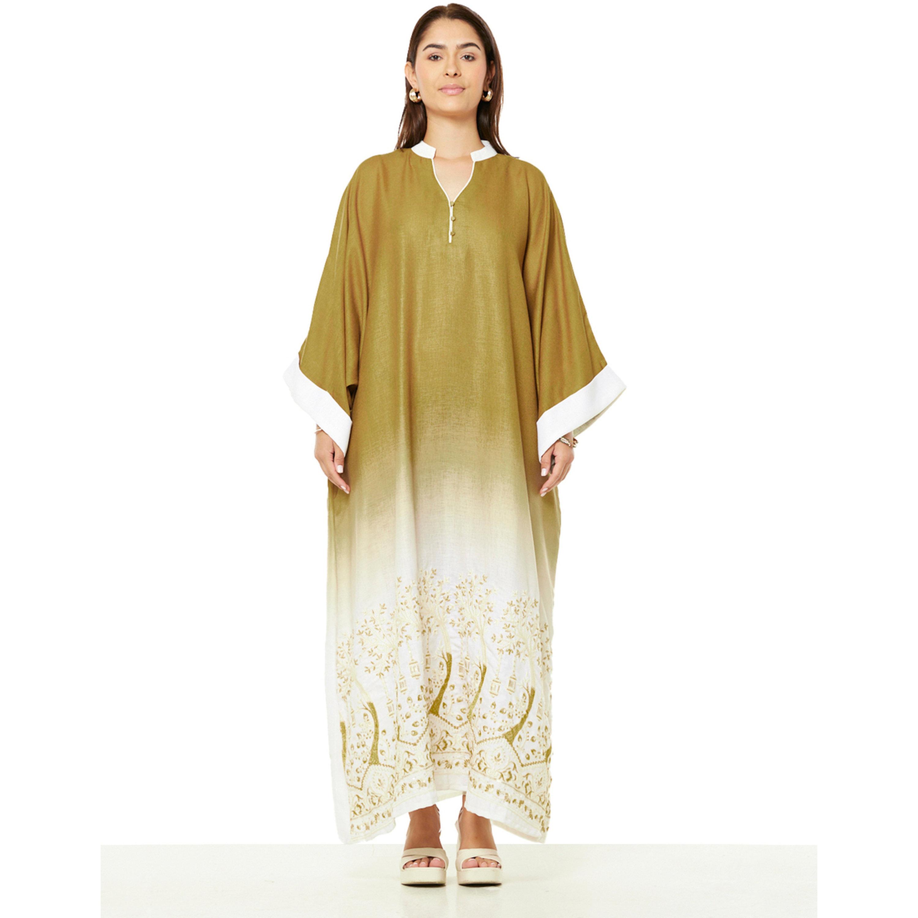 Thouq X Styli Brown Ombre A-Line Maxi Jalabiya with Golden Embroidery-women-arabicclothing-jalabiyas-image-1