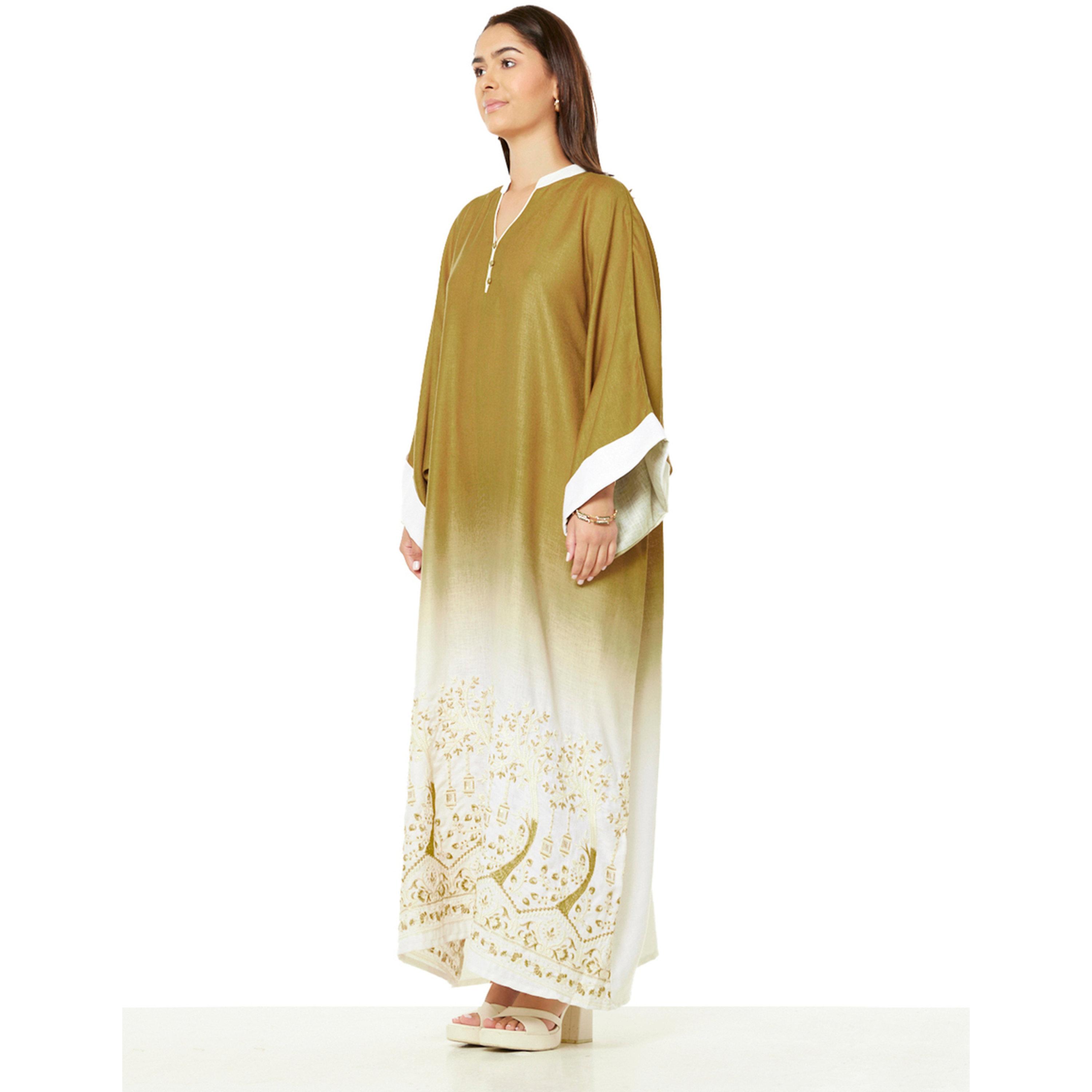 Thouq X Styli Brown Ombre A-Line Maxi Jalabiya with Golden Embroidery-women-arabicclothing-jalabiyas-image-2