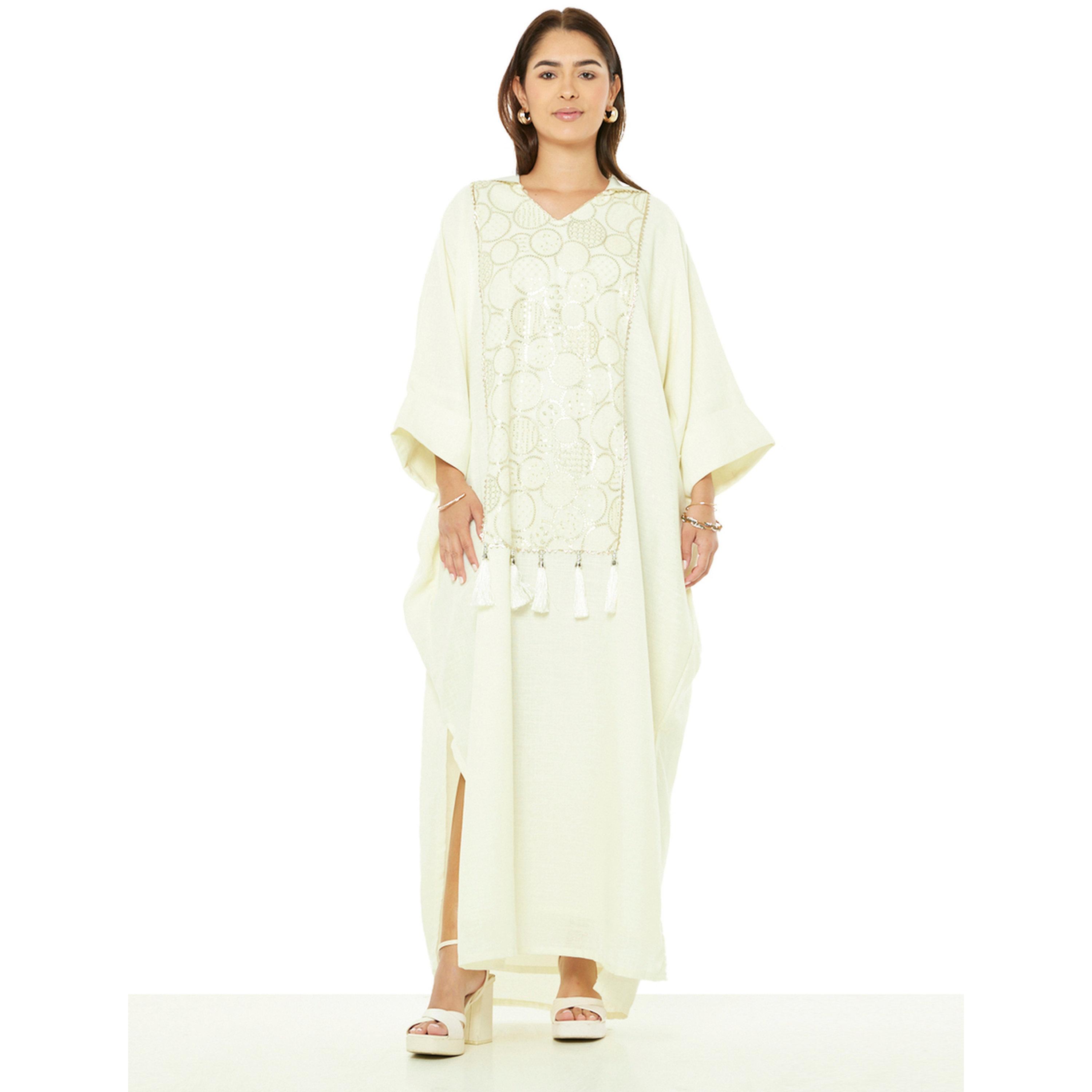 Thouq X Styli Beige A-Line Maxi Kaftan with Tassel and Embroidery Details-women-arabicclothing-kaftan-image-1