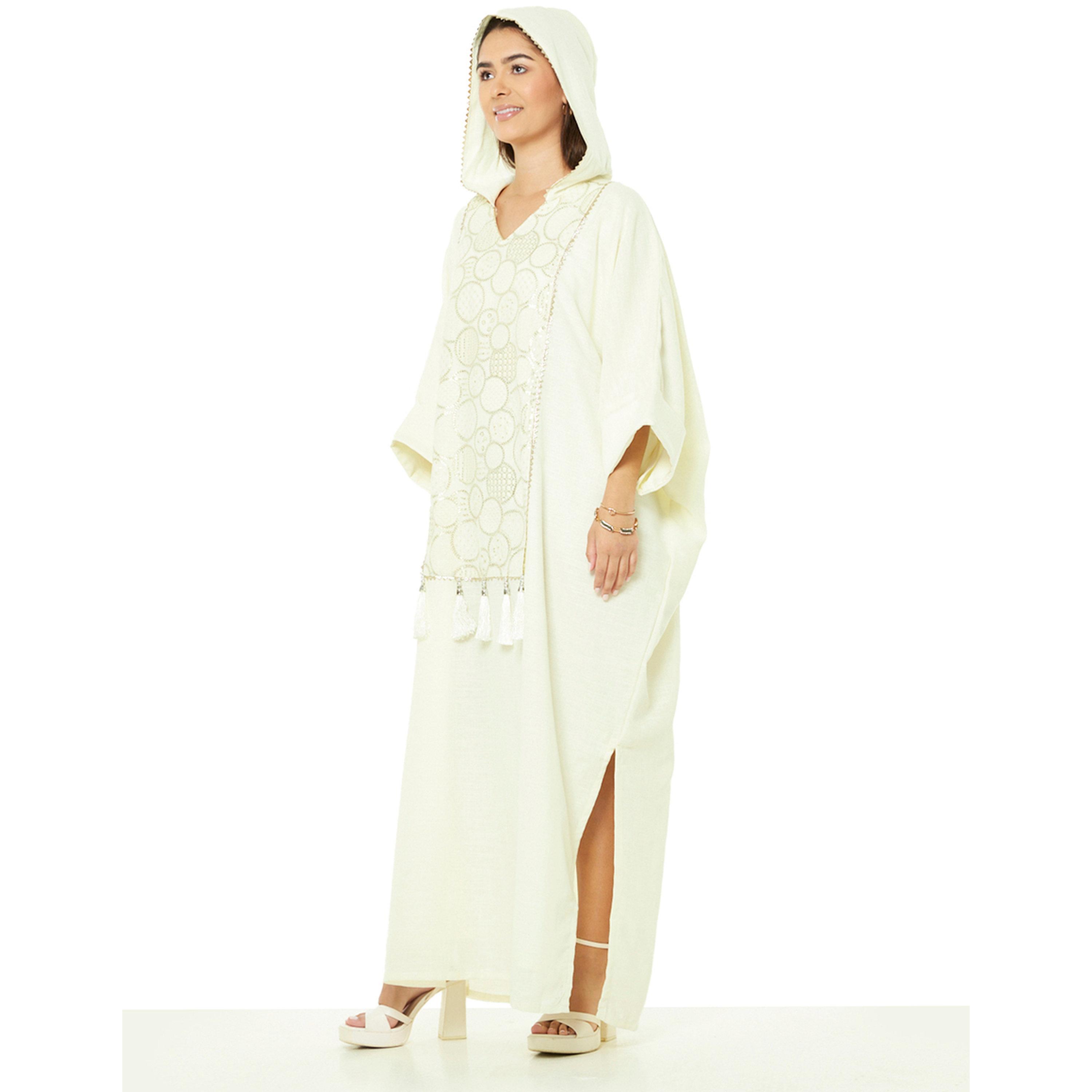 Thouq X Styli Beige A-Line Maxi Kaftan with Tassel and Embroidery Details-women-arabicclothing-kaftan-image-2