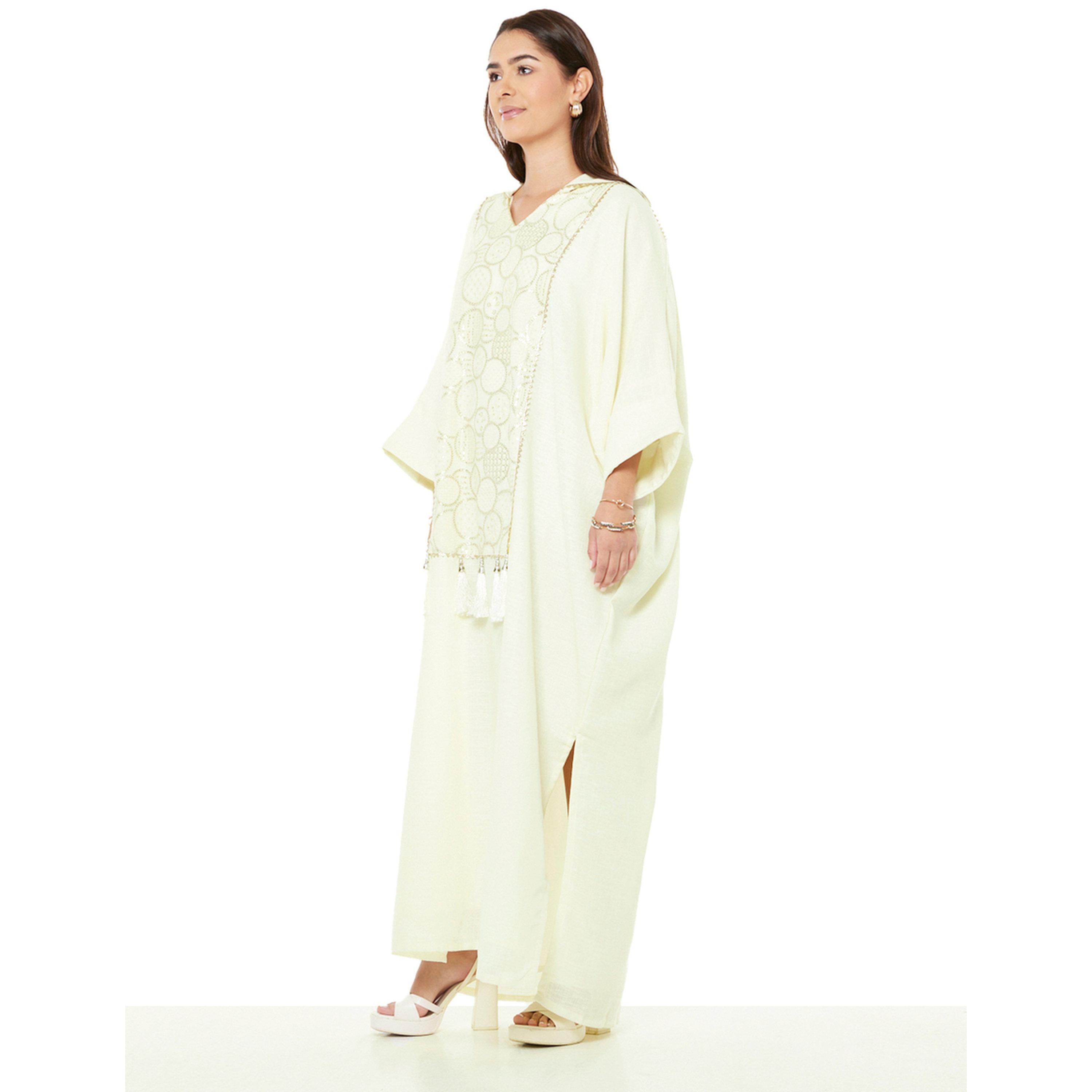 Thouq X Styli Beige A-Line Maxi Kaftan with Tassel and Embroidery Details-women-arabicclothing-kaftan-image-3