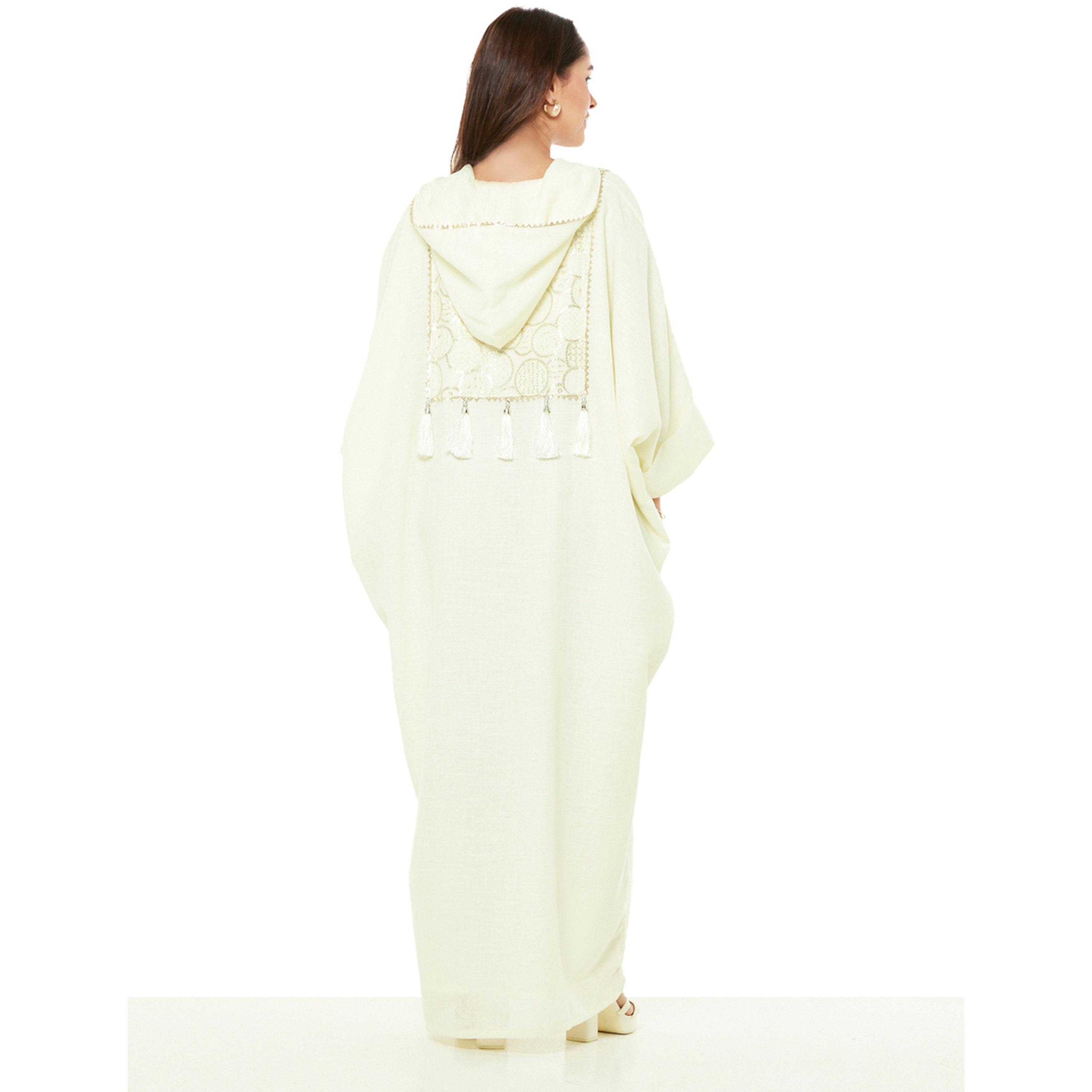 Thouq X Styli Beige A-Line Maxi Kaftan with Tassel and Embroidery Details-women-arabicclothing-kaftan-image-5