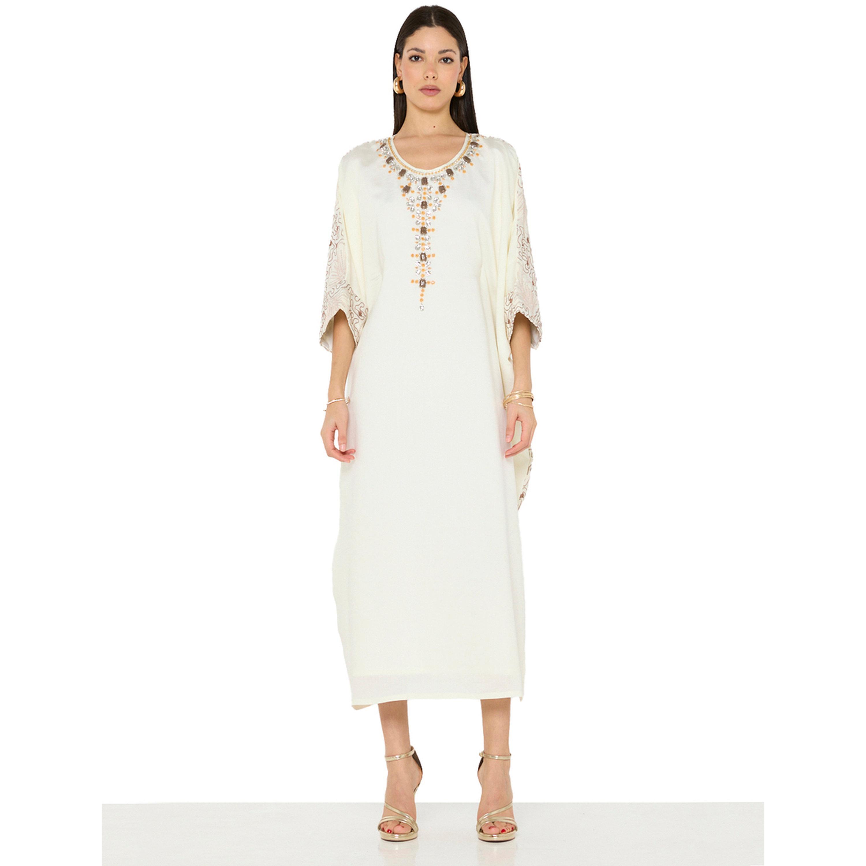 Thouq X Styli Off-White A-Line Maxi Jalabiya with Intricate Embellishments-women-arabicclothing-jalabiyas-image-1