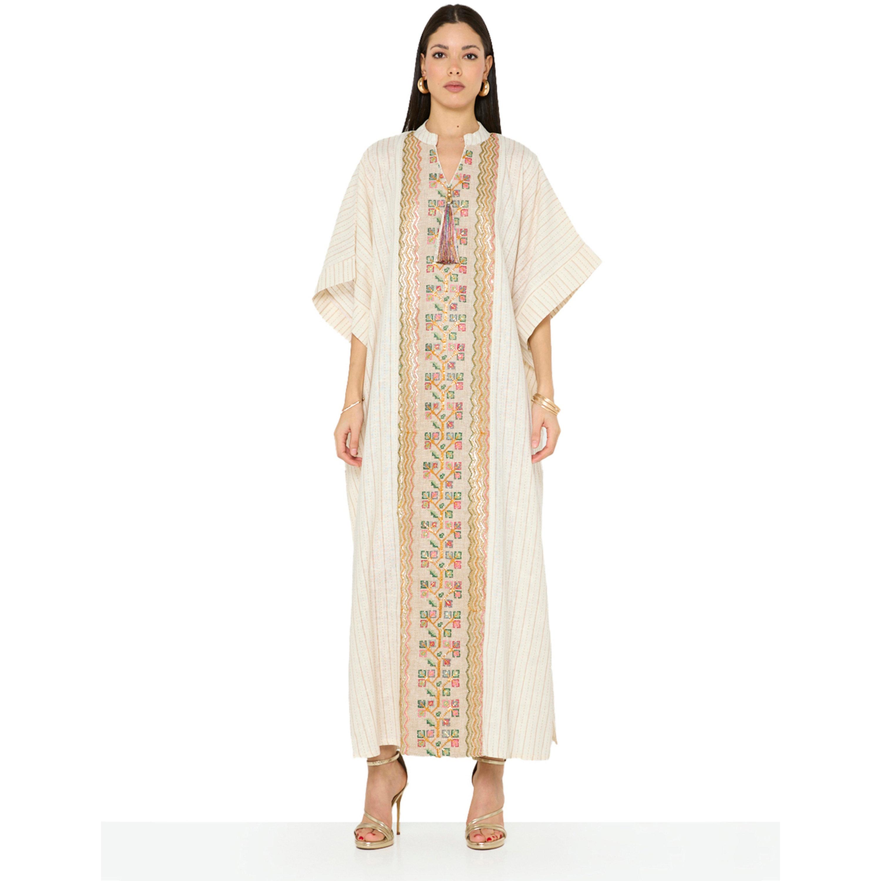 Thouq X Styli Beige A-Line Maxi Kaftan with Intricate Embroidery-women-arabicclothing-kaftan-image-1
