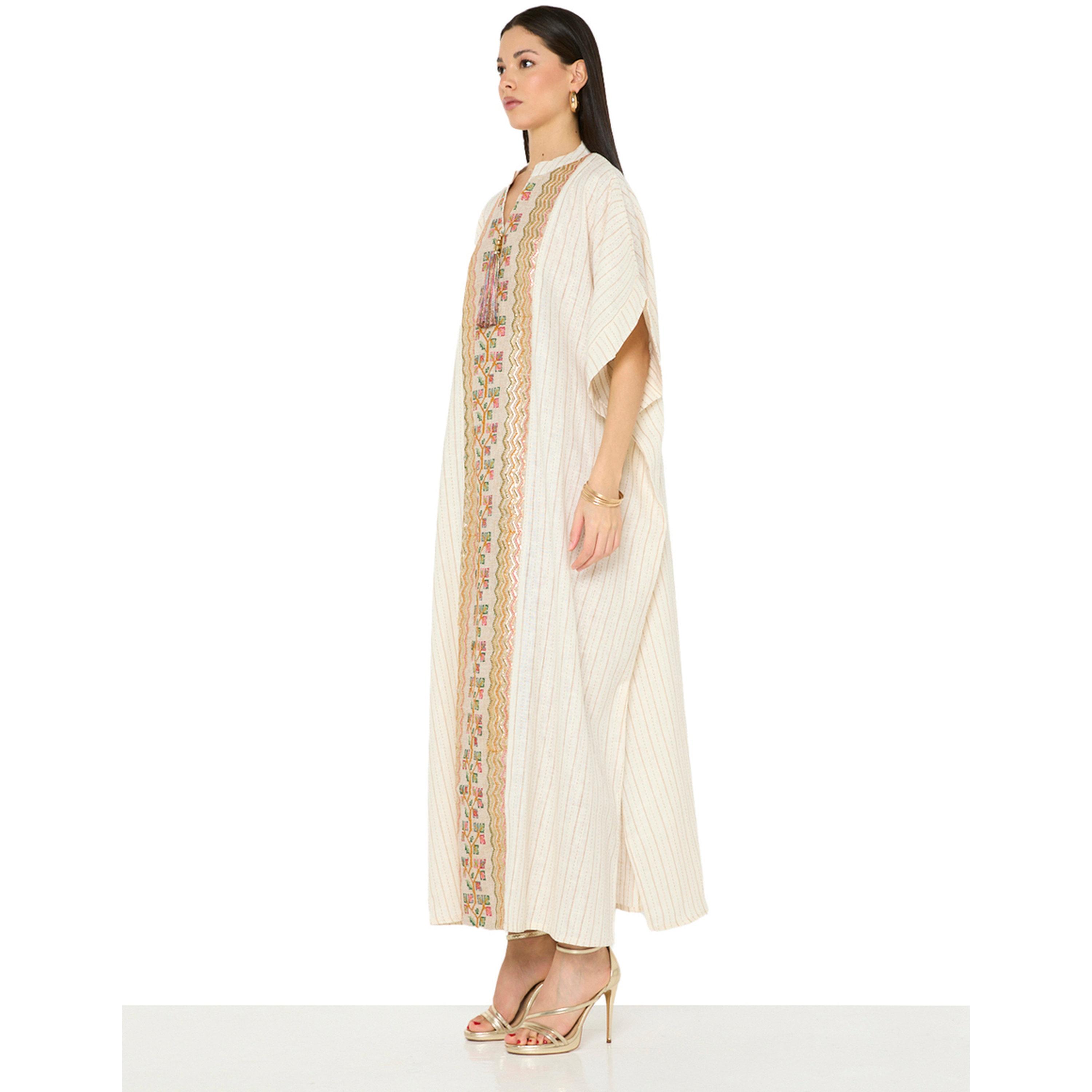 Thouq X Styli Beige A-Line Maxi Kaftan with Intricate Embroidery-women-arabicclothing-kaftan-image-2