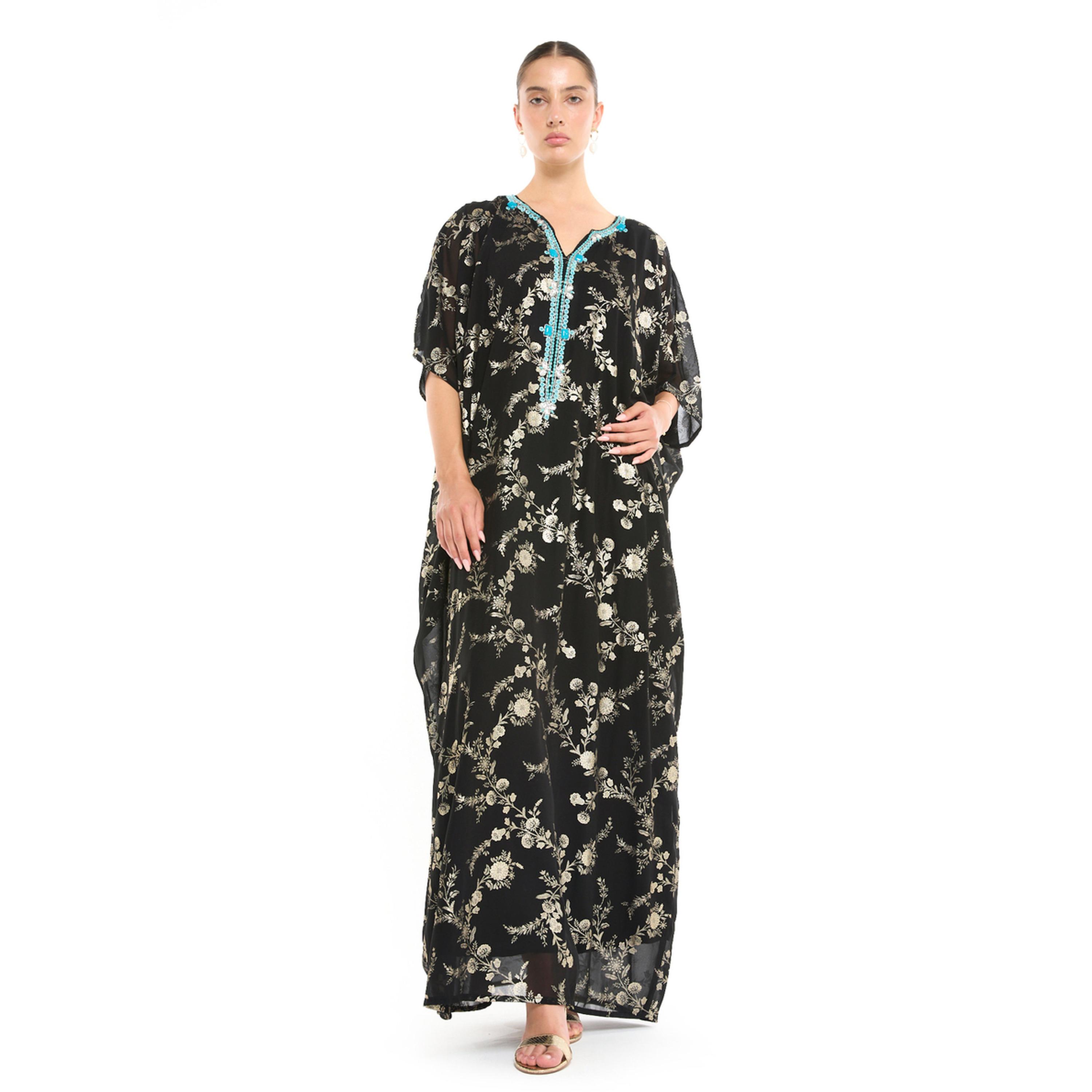 Thouq X Styli Black Floral Gold Print Maxi Kaftan with Turquoise Embellishment-women-arabicclothing-kaftan-image-1