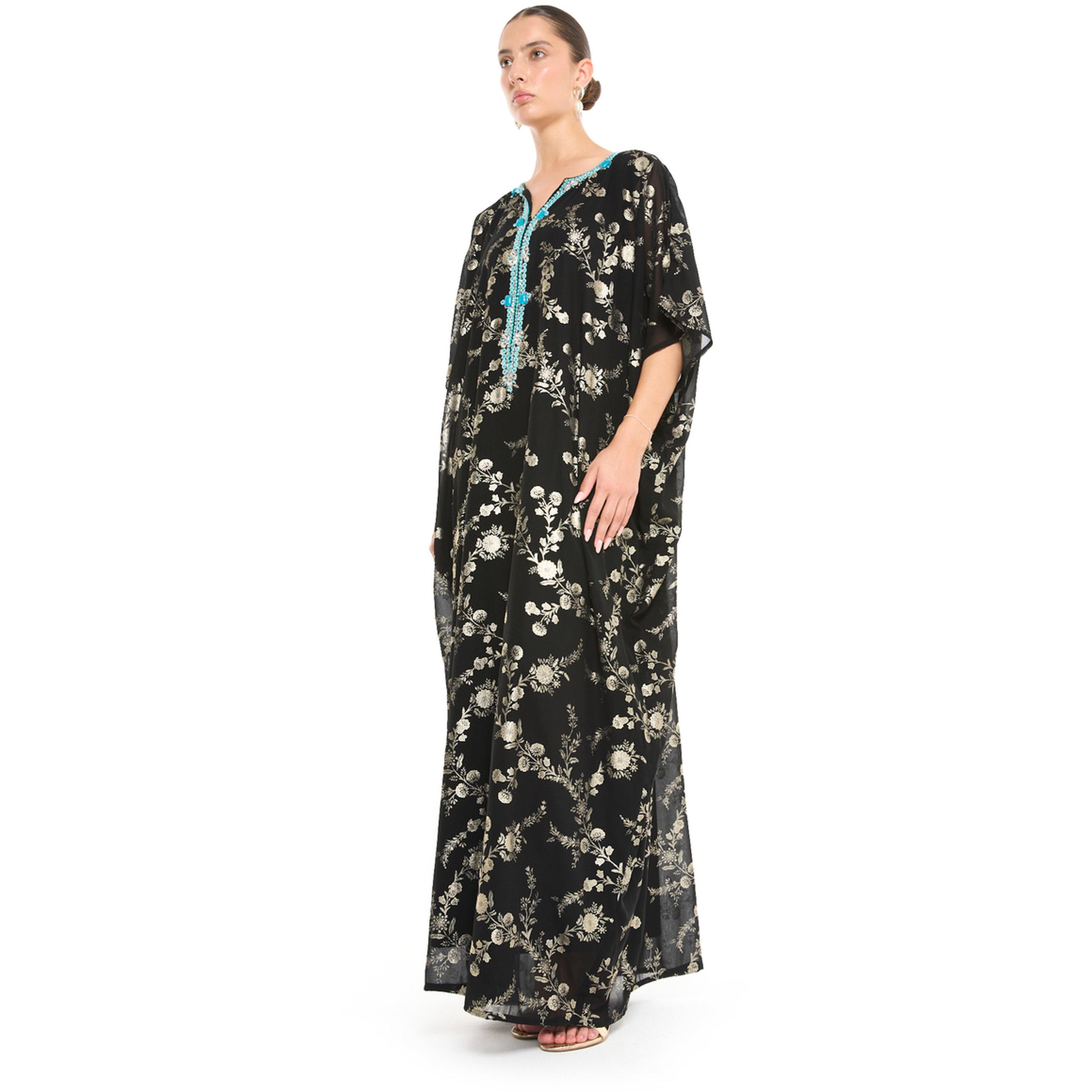 Thouq X Styli Black Floral Gold Print Maxi Kaftan with Turquoise Embellishment-women-arabicclothing-kaftan-image-2