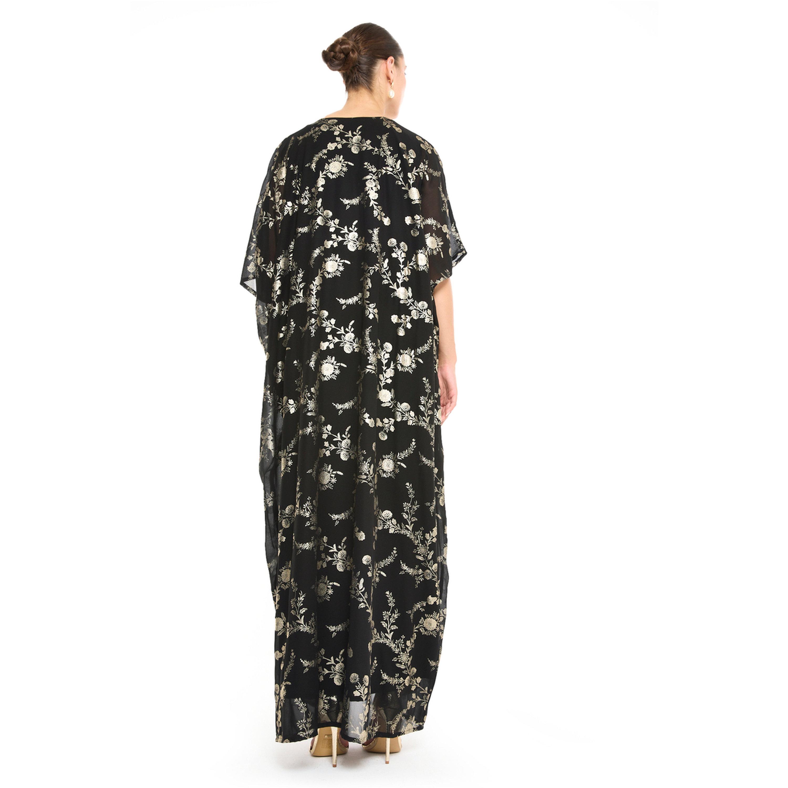Thouq X Styli Black Floral Gold Print Maxi Kaftan with Turquoise Embellishment-women-arabicclothing-kaftan-image-3